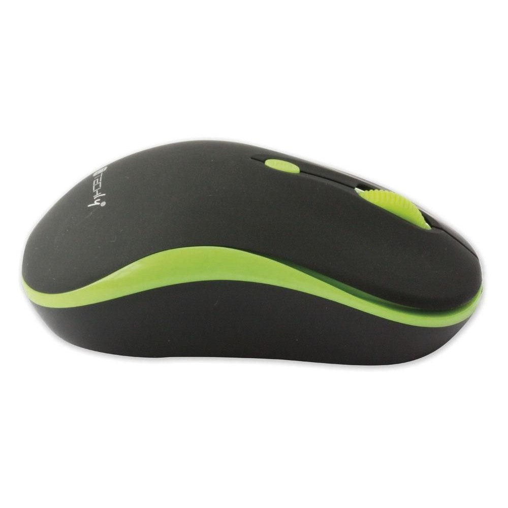 Mouse wireless nero e verde, vista laterale, su sfondo bianco.