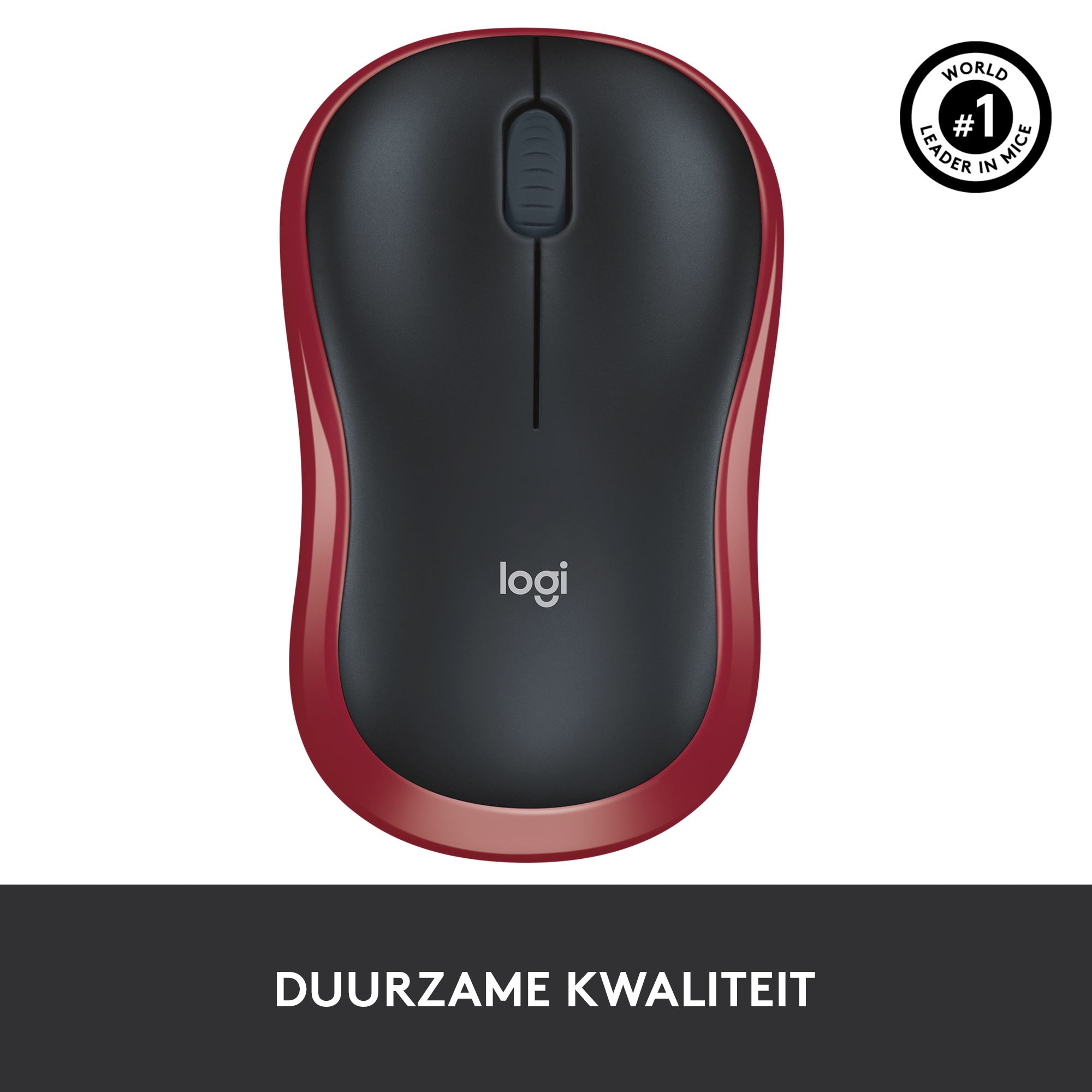 Un mouse per computer Logitech rosso e nero con parte superiore nera e lati rossi, su sfondo bianco.