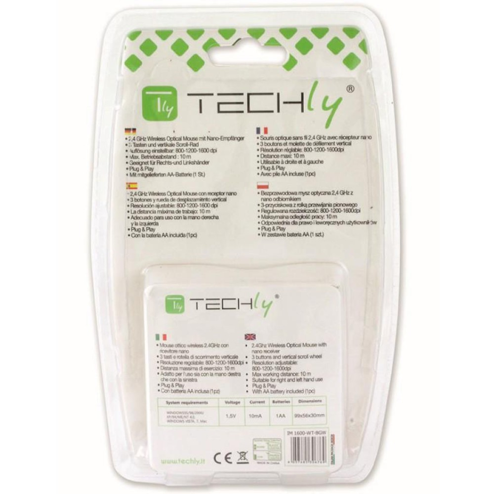 Retro della confezione del mouse Techly, con dettagli e specifiche del prodotto.