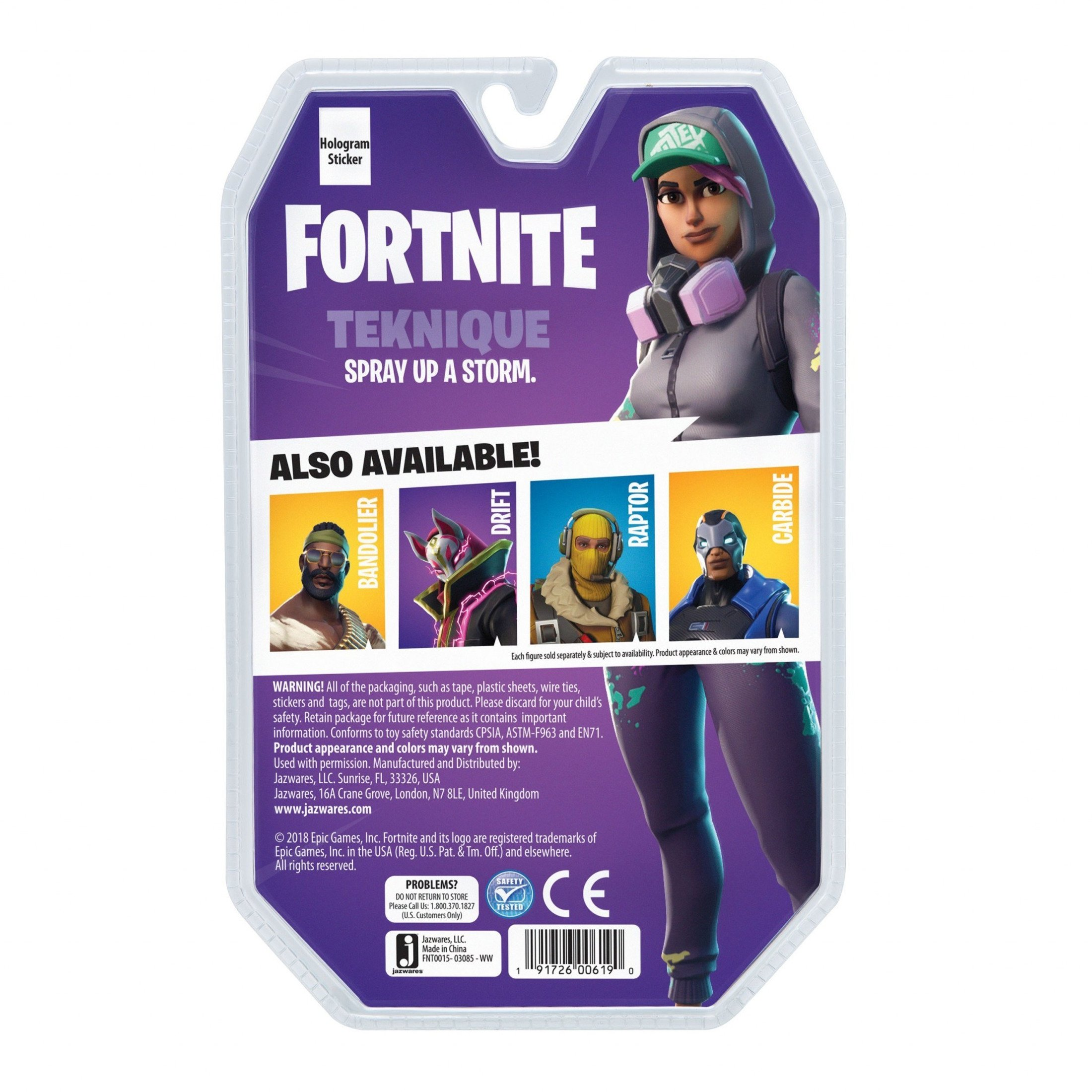 Rückseite einer Fortnite-Spielzeugverpackung mit vier Charakterbildern und Text.