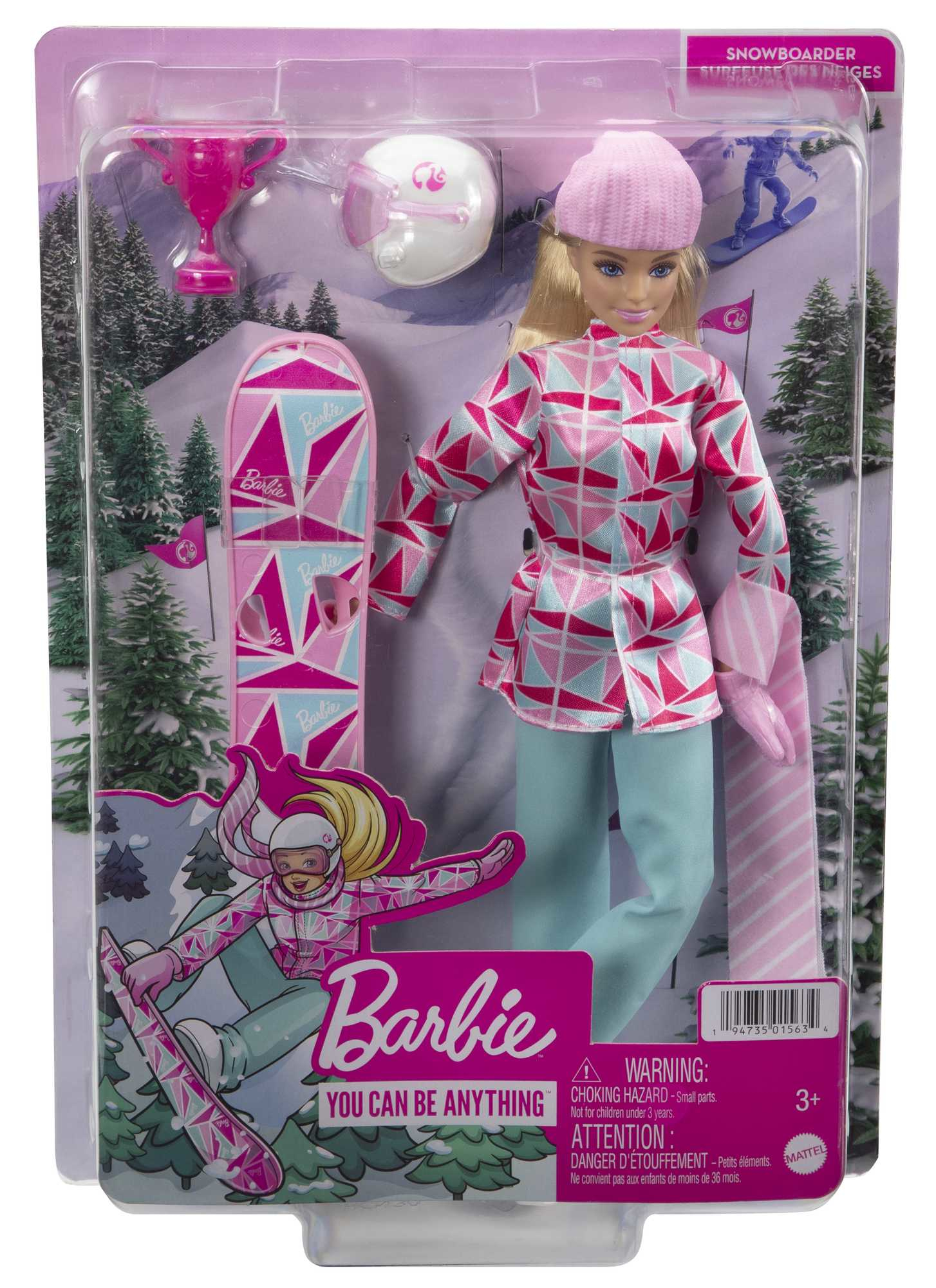 Lalka Barbie w stroju snowboardzisty, w opakowaniu z akcesoriami i deską snowboardową.