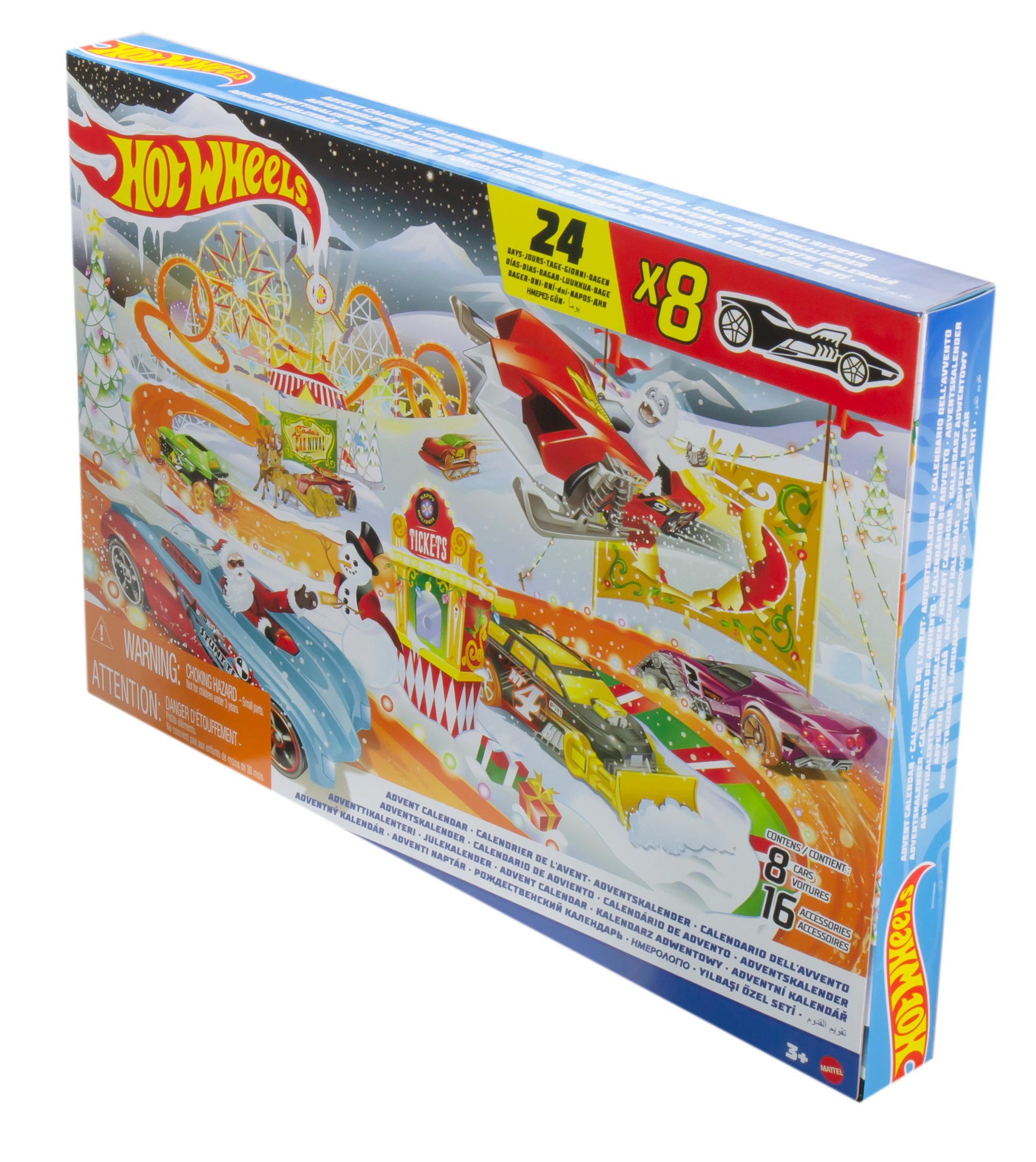 Hot Wheels Adventskalender-Box mit Autos und Winterthema. Enthält 24 Türen mit 8 Autos und 16 Zubehörteilen.