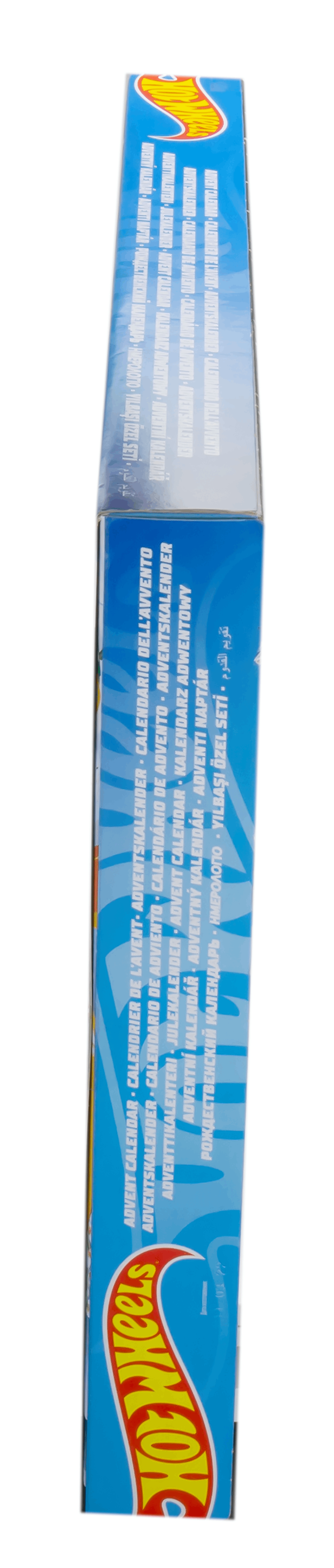 Eine hohe, schmale Hot Wheels-Box. Blau und weiß mit Spielzeugauto-Bildern, Text in mehreren Sprachen.