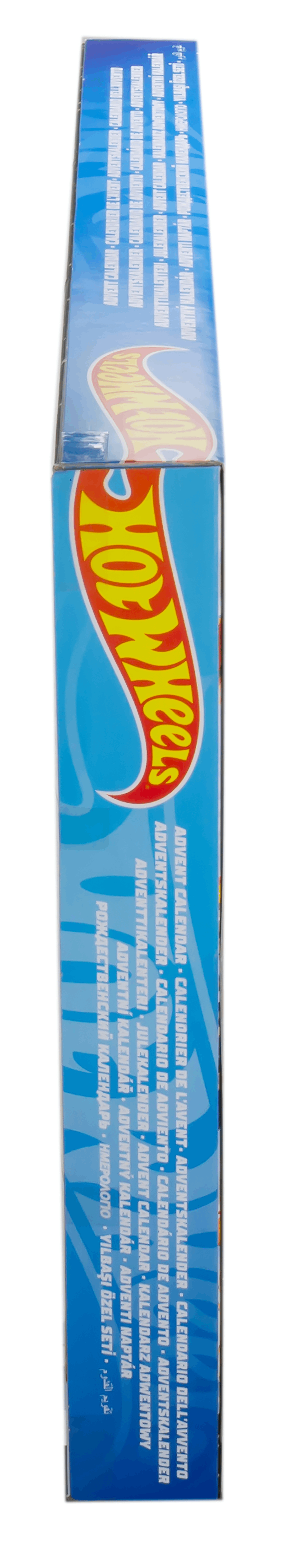 Eine hohe, schmale Schachtel mit einem Hot Wheels Logo auf blauem Grund.
