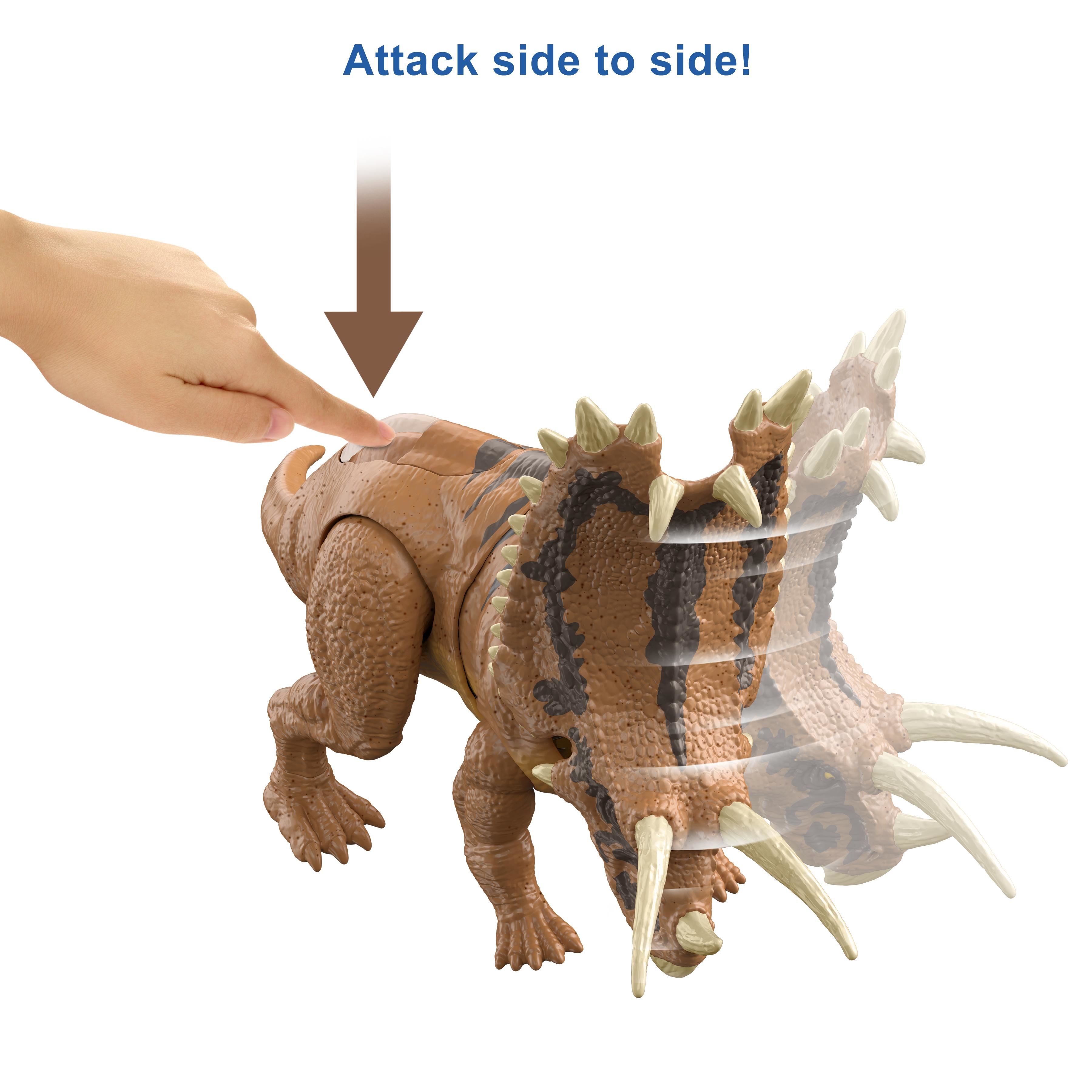 Ein Spielzeug-Dinosaurier, auf den eine Hand zeigt. Der Dinosaurier ist braun und hat scharfe Hörner.