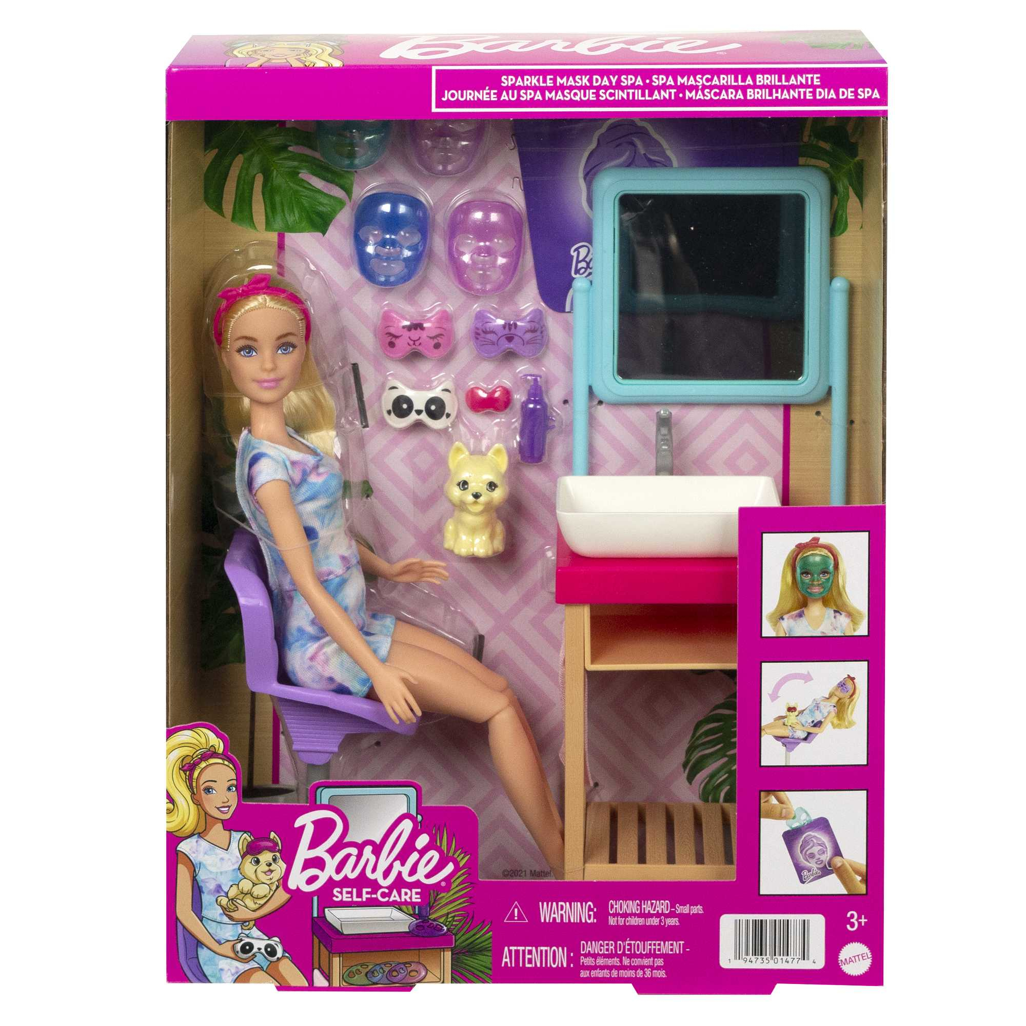 Set di gioco con bambola Barbie con bambola, accessori spa e specchio per il trucco.