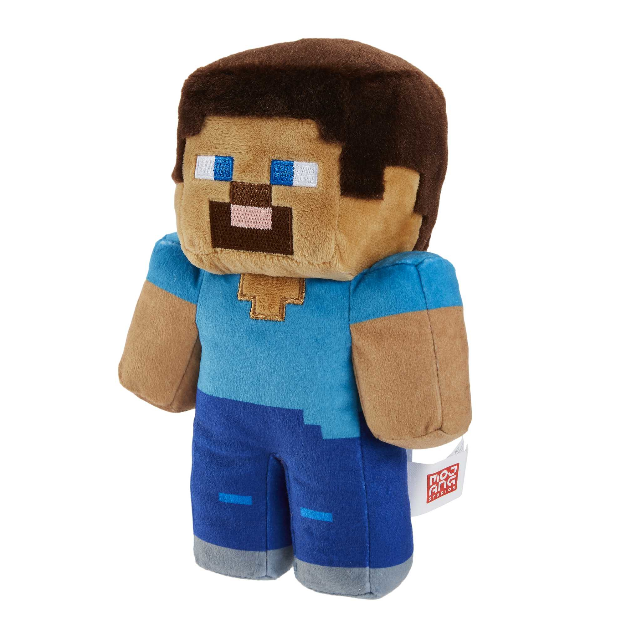 Minecraft Steve Plüschtier mit braunen Haaren, blauem Hemd und blauer Hose.