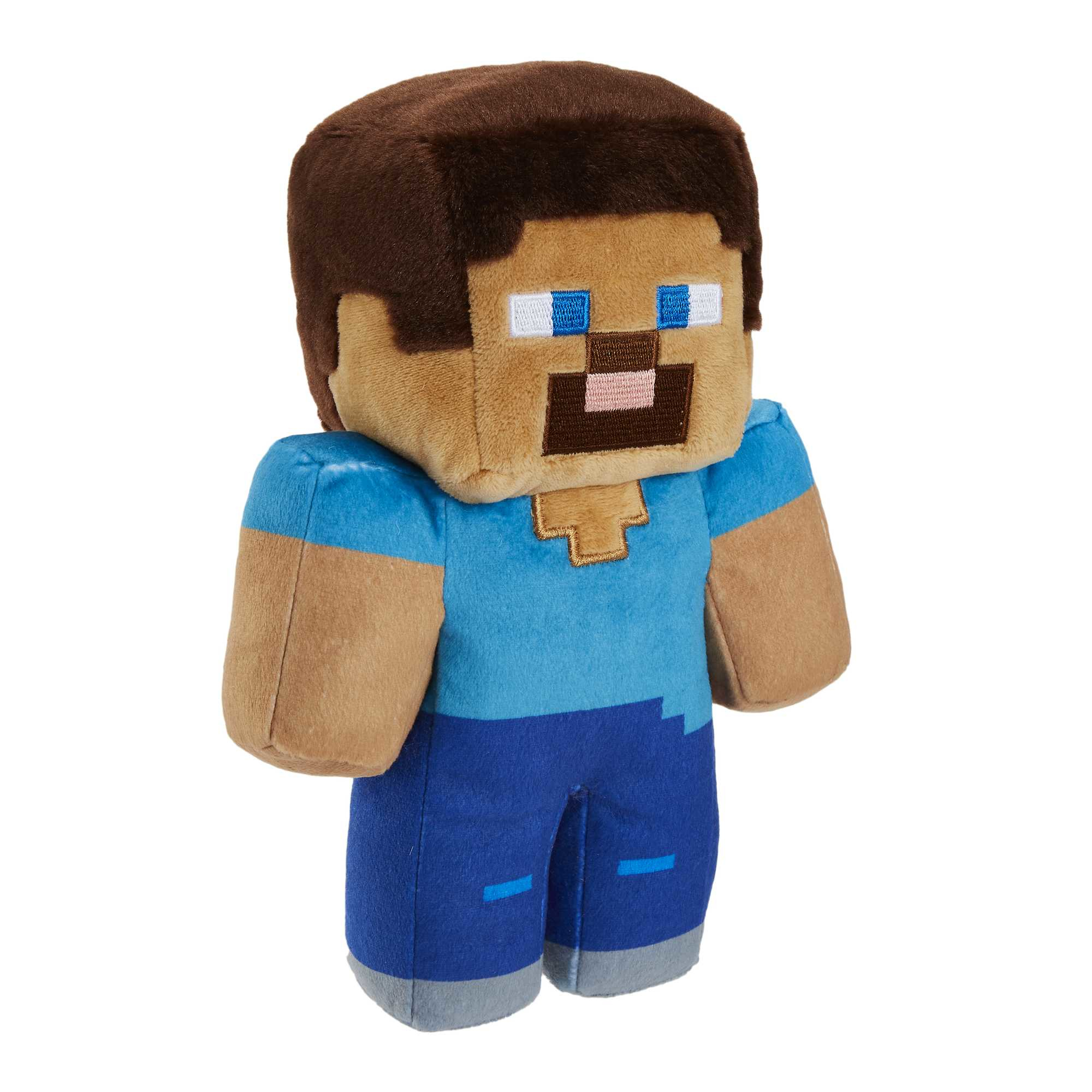 Ein Minecraft Steve Plüschtier, das vor einem weißen Hintergrund steht.