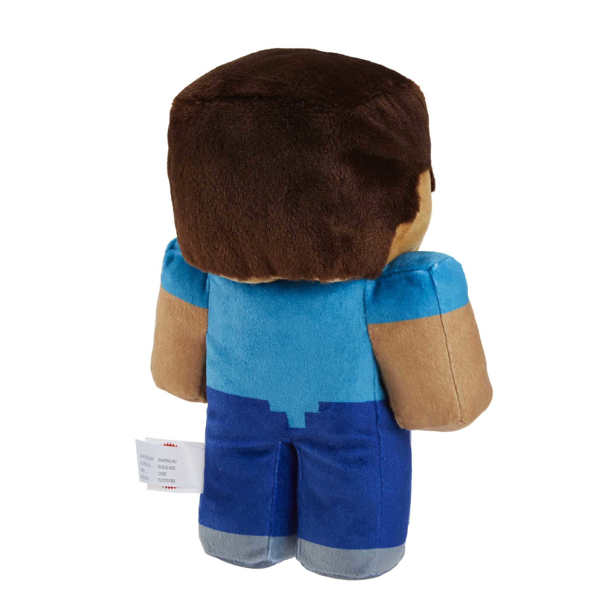 Rückansicht eines Minecraft Steve Plüschtiers, das blaue und braune Kleidung trägt.