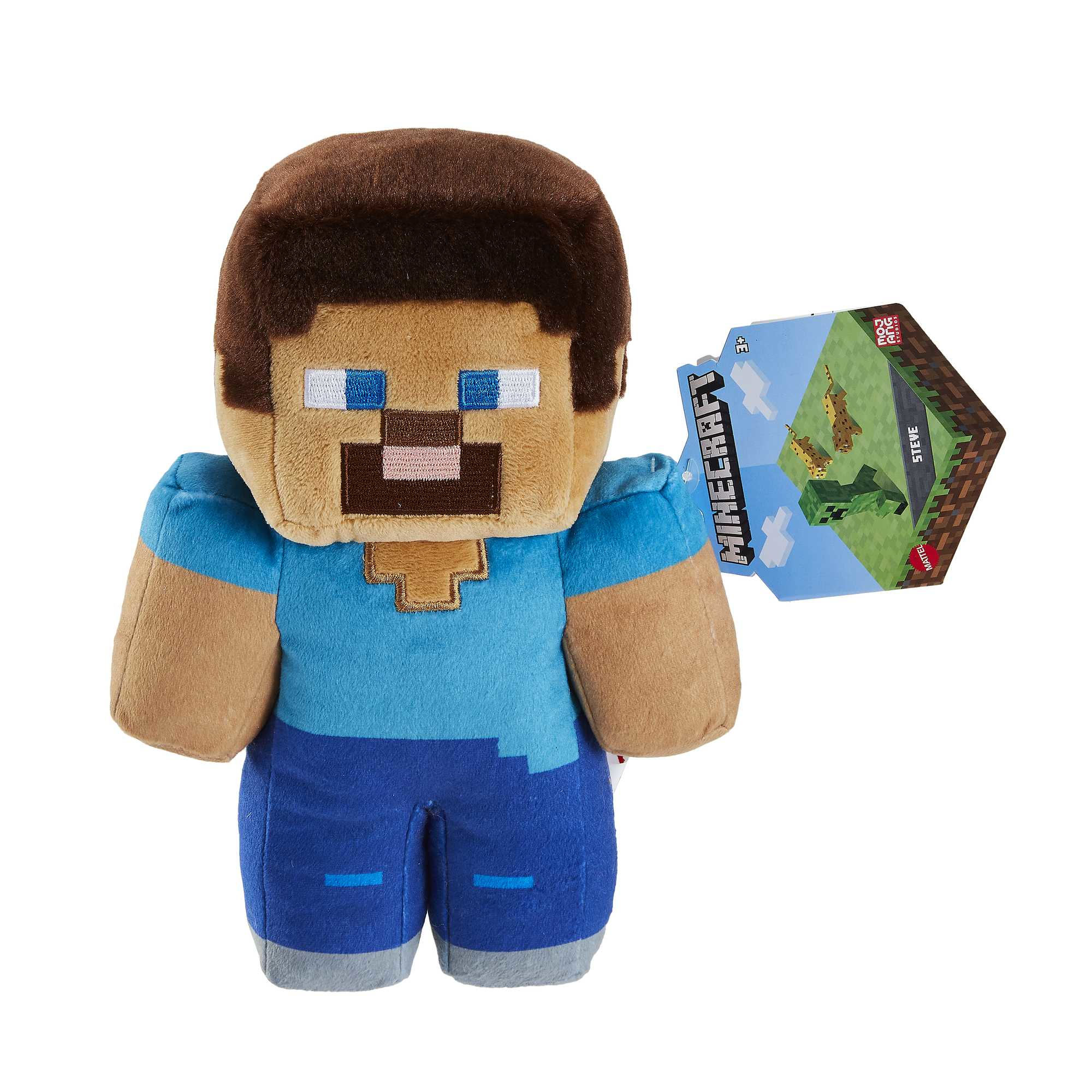 Minecraft Steve Plüschtier, hält ein Minecraft-Etikett, auf weißem Hintergrund.
