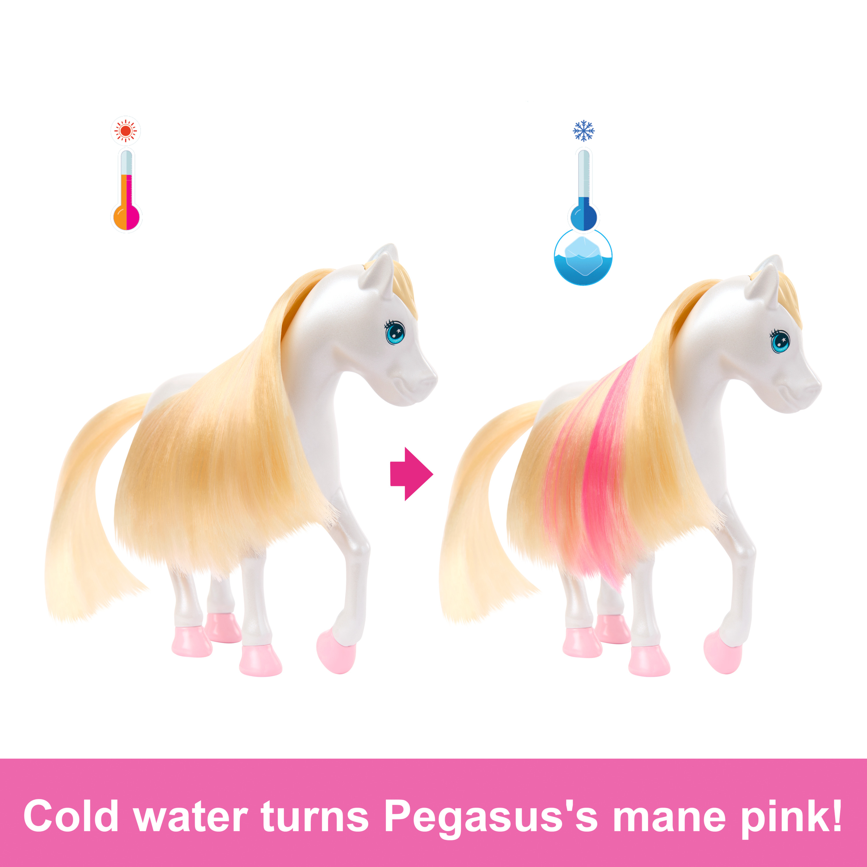 Un cavallo giocattolo bianco con i capelli biondi. L'acqua fredda trasforma la criniera in rosa.