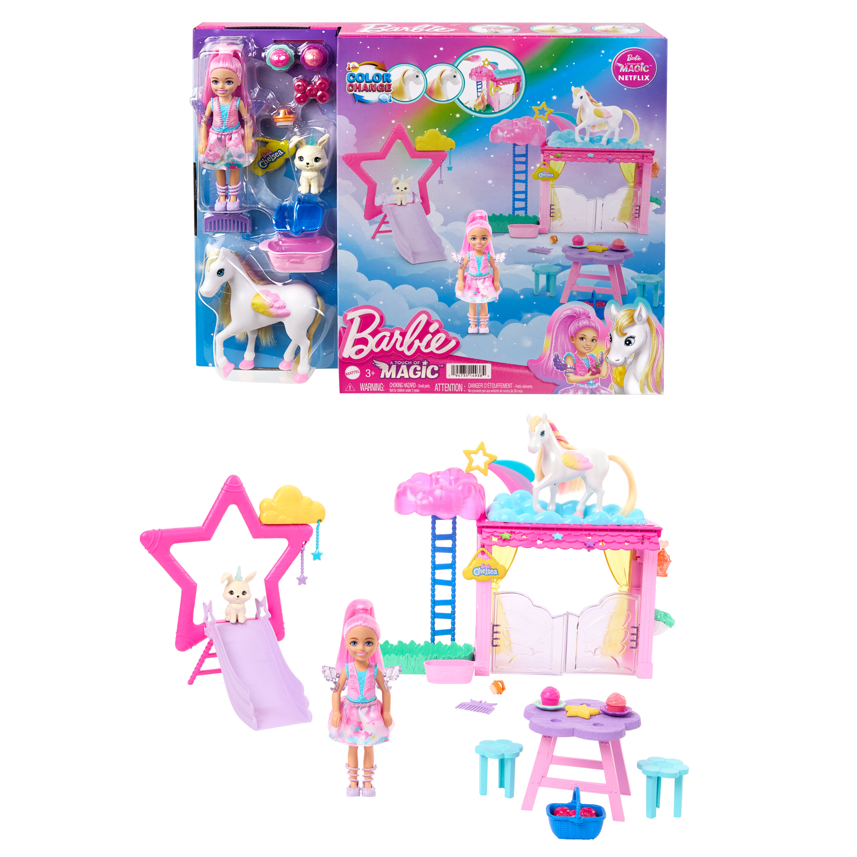 Set Barbie Magic con bambola, cavallo e accessori. Include uno scivolo a forma di stella ed edifici rosa.