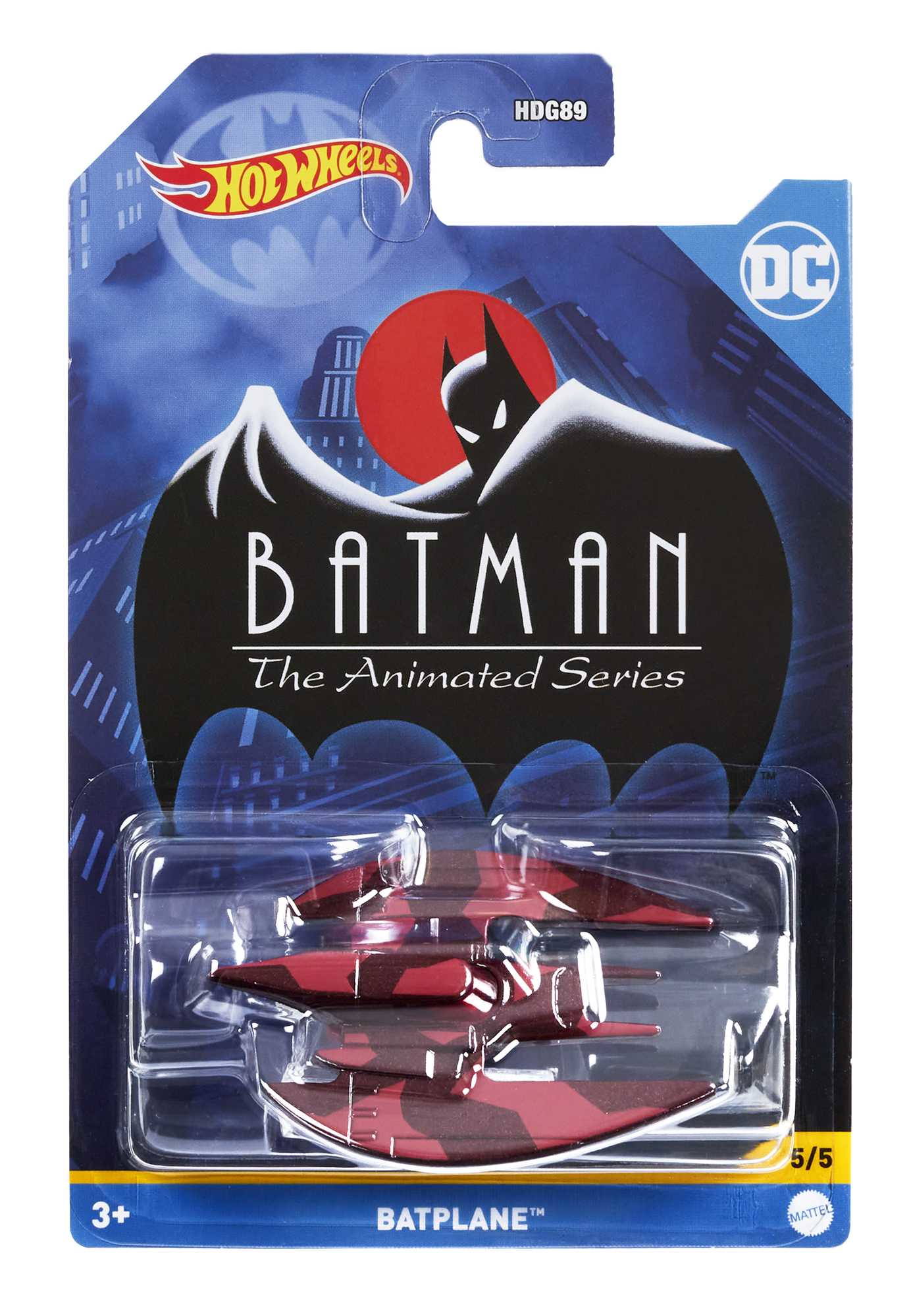 Coche de juguete Hot Wheels Batman Batplane en embalaje, con ilustraciones de la serie animada de Batman.