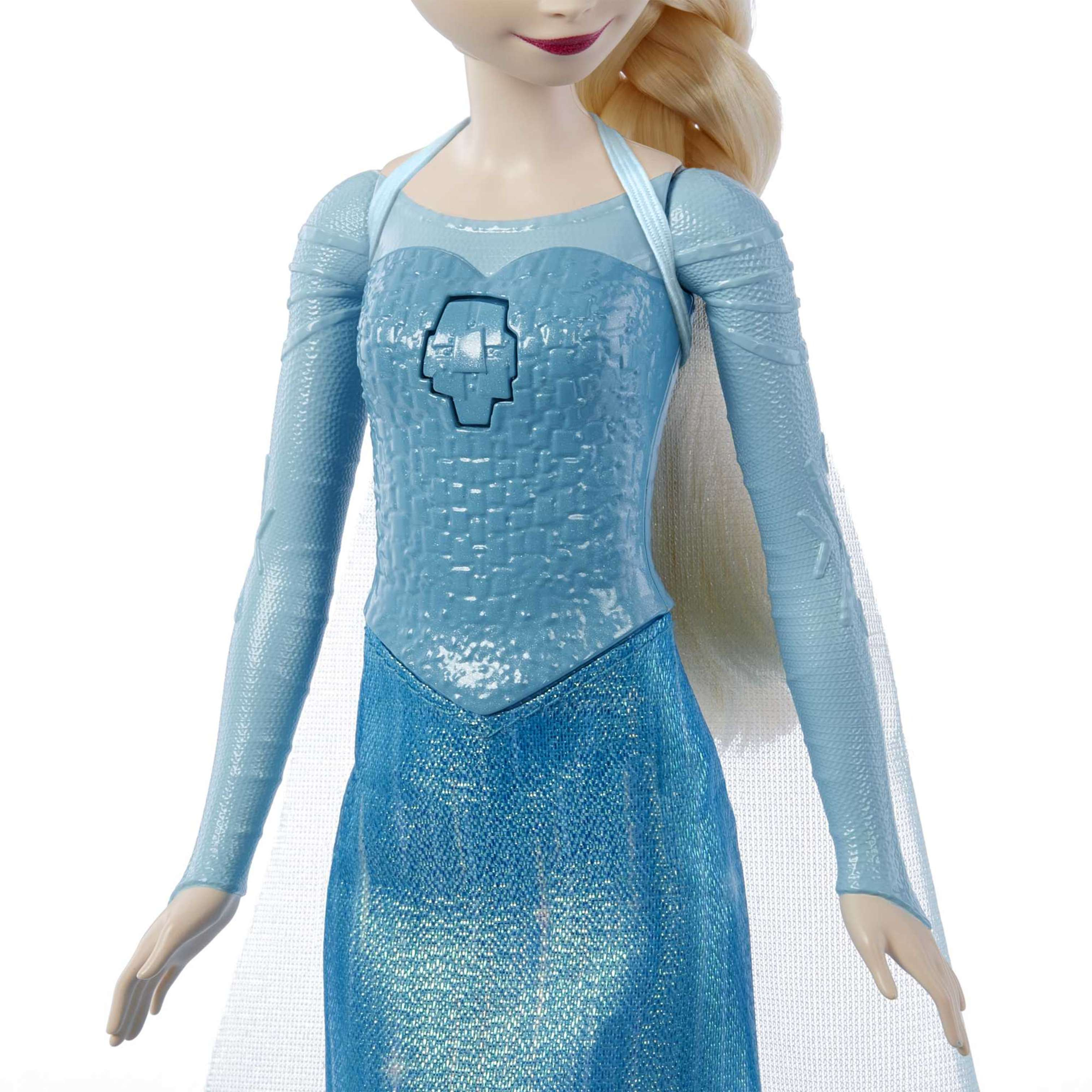 Elsa-Puppe aus Frozen, trägt hellblaues Kleid mit Umhang und langer blonden Zopf.