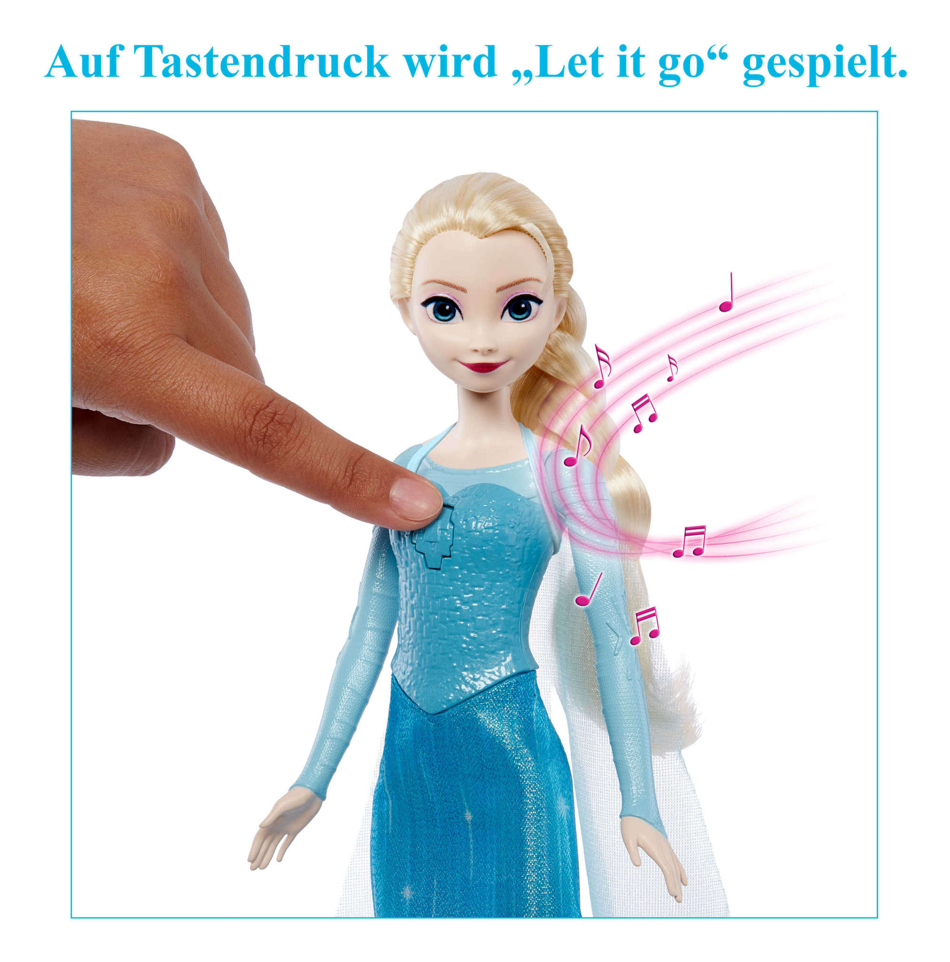 Elsa-Puppe aus Frozen, die auf die Brust berührt wird, mit Noten, die ausgesendet werden.