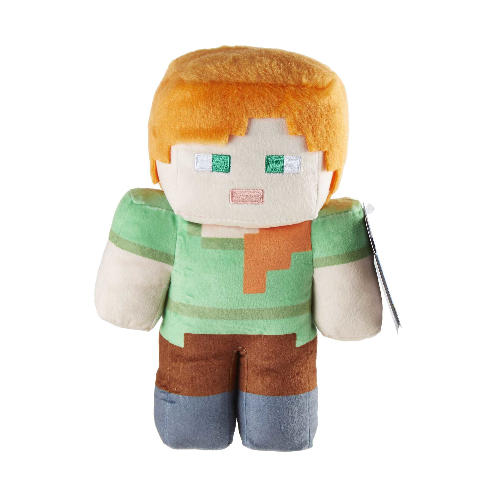 Ein Stofftier von Minecraft Alex mit orangefarbenem Haar, grünem Hemd und einem Etikett.