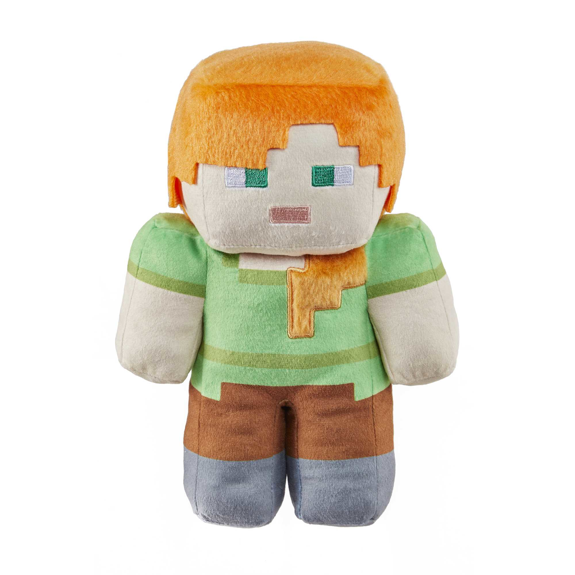 Eine Minecraft Alex Plüschpuppe mit orangefarbenen Haaren, grünem Hemd und brauner Hose wird gezeigt.
