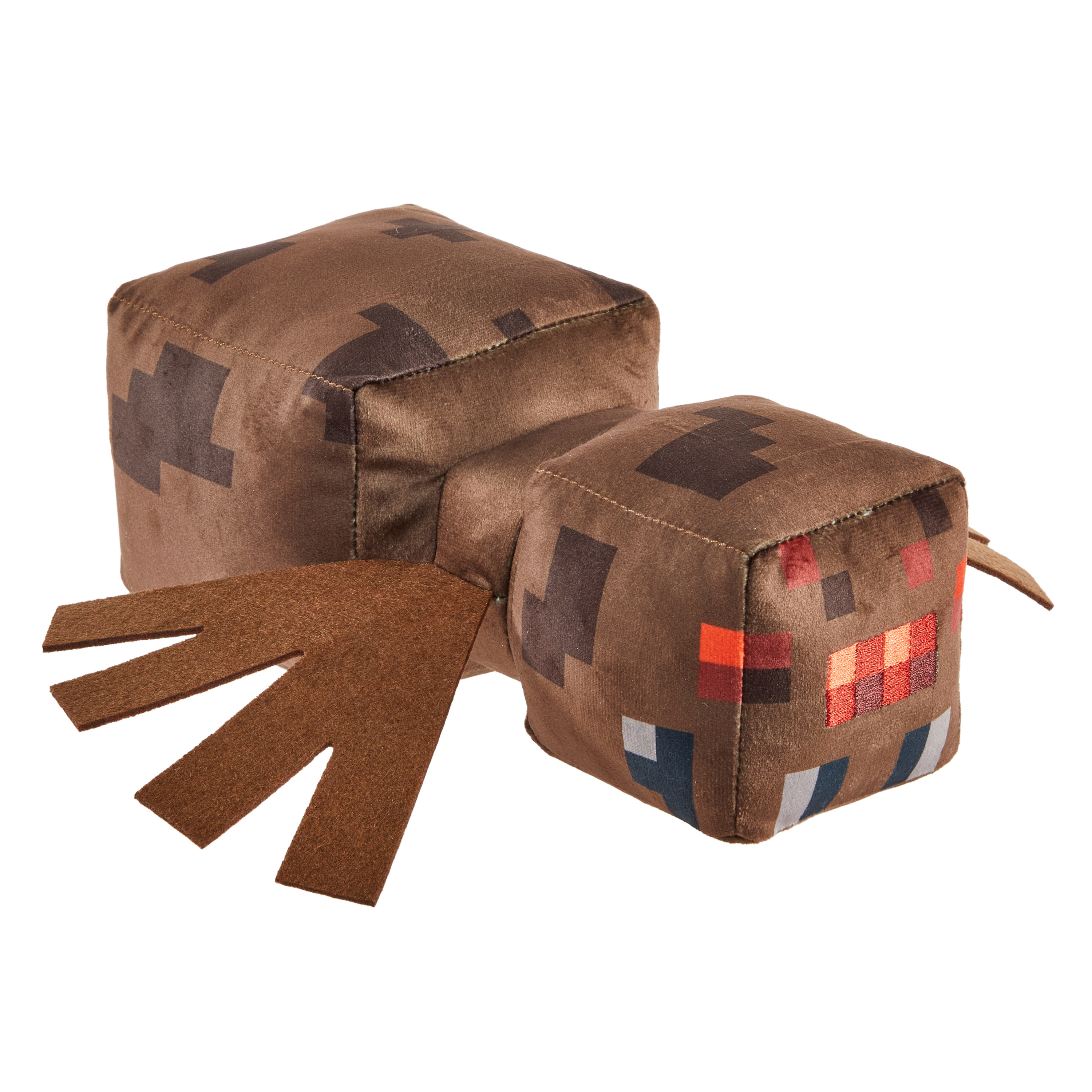 Braunes Minecraft-Spinne-Plüschtier mit blockartigen Merkmalen und mehreren Beinen, vor weißem Hintergrund.