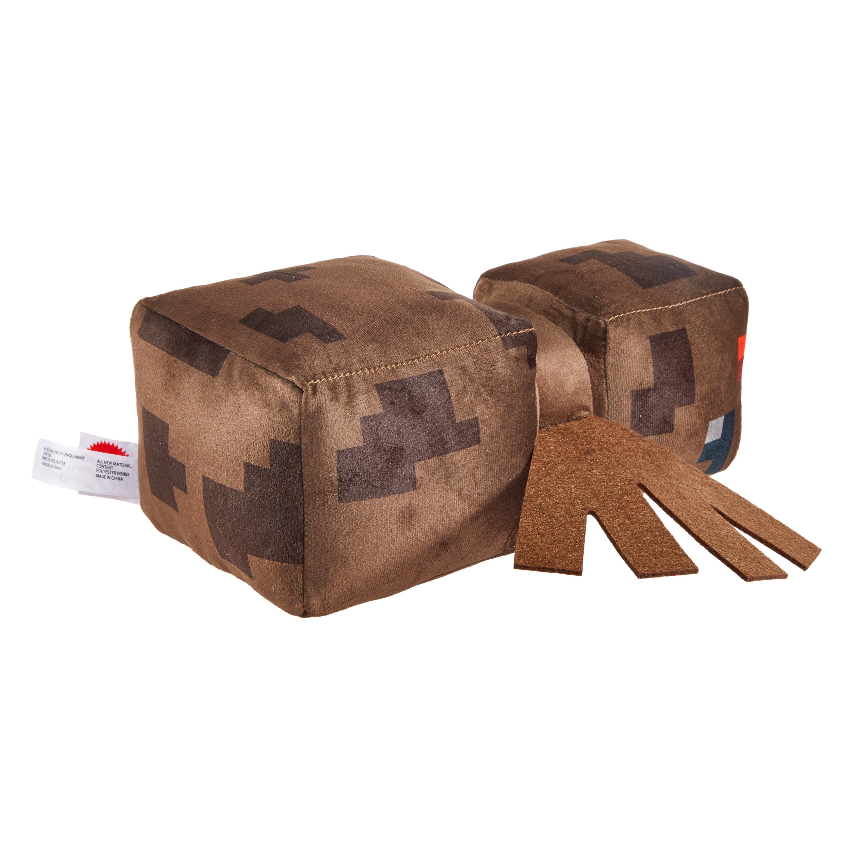 Zwei braune, pixelige Minecraft-Charakter-Plüschtiere. Eines steht aufrecht, das andere liegt auf der Seite.