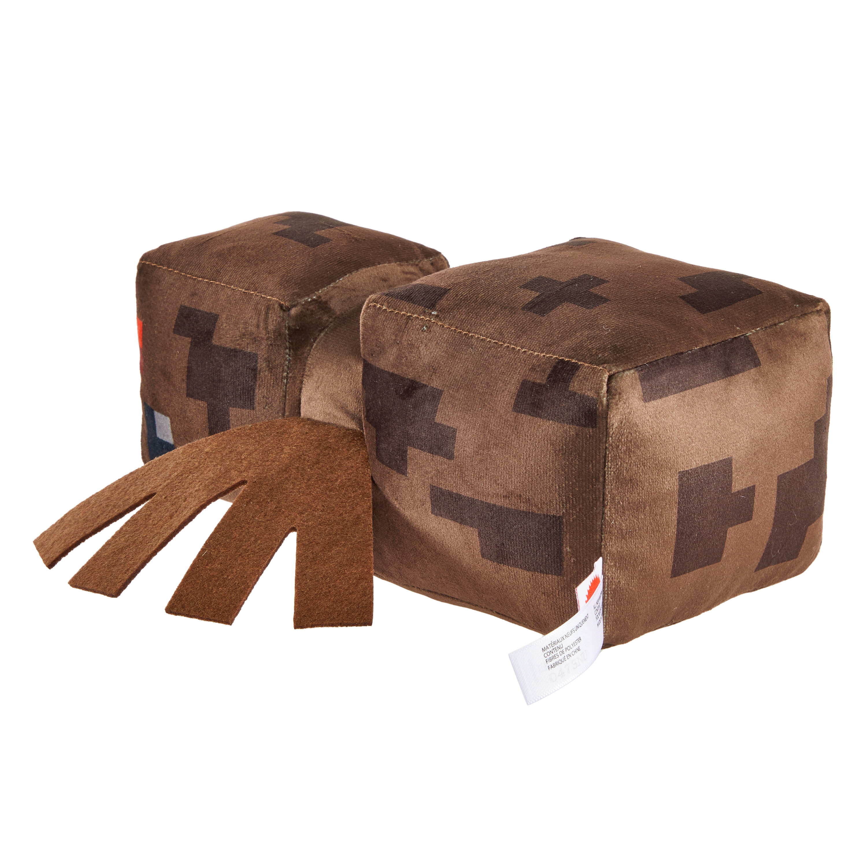 Ein Minecraft-Plüschtier, braunes Kreatur mit quadratischem Körper und Gliedmaßen, auf weißem Hintergrund.