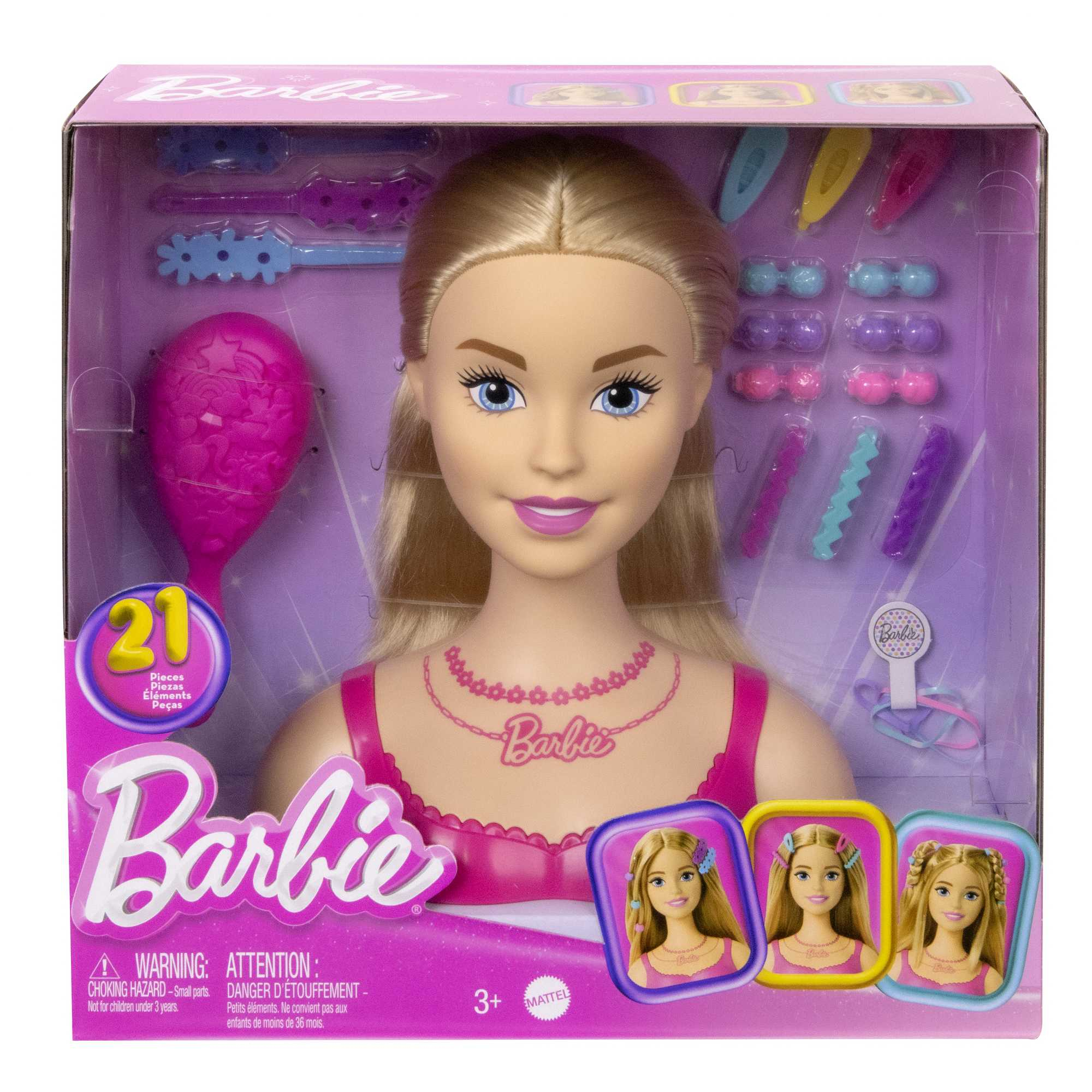 Głowa do stylizacji Barbie w pudełku. Blond włosy, różowa sukienka i akcesoria do stylizacji w zestawie.
