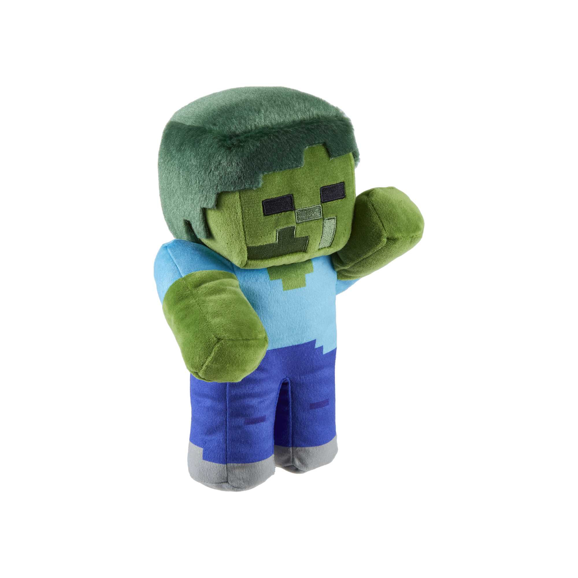 Ein Minecraft-Zombie-Plüschtier. Es hat grüne und blaue Farben.