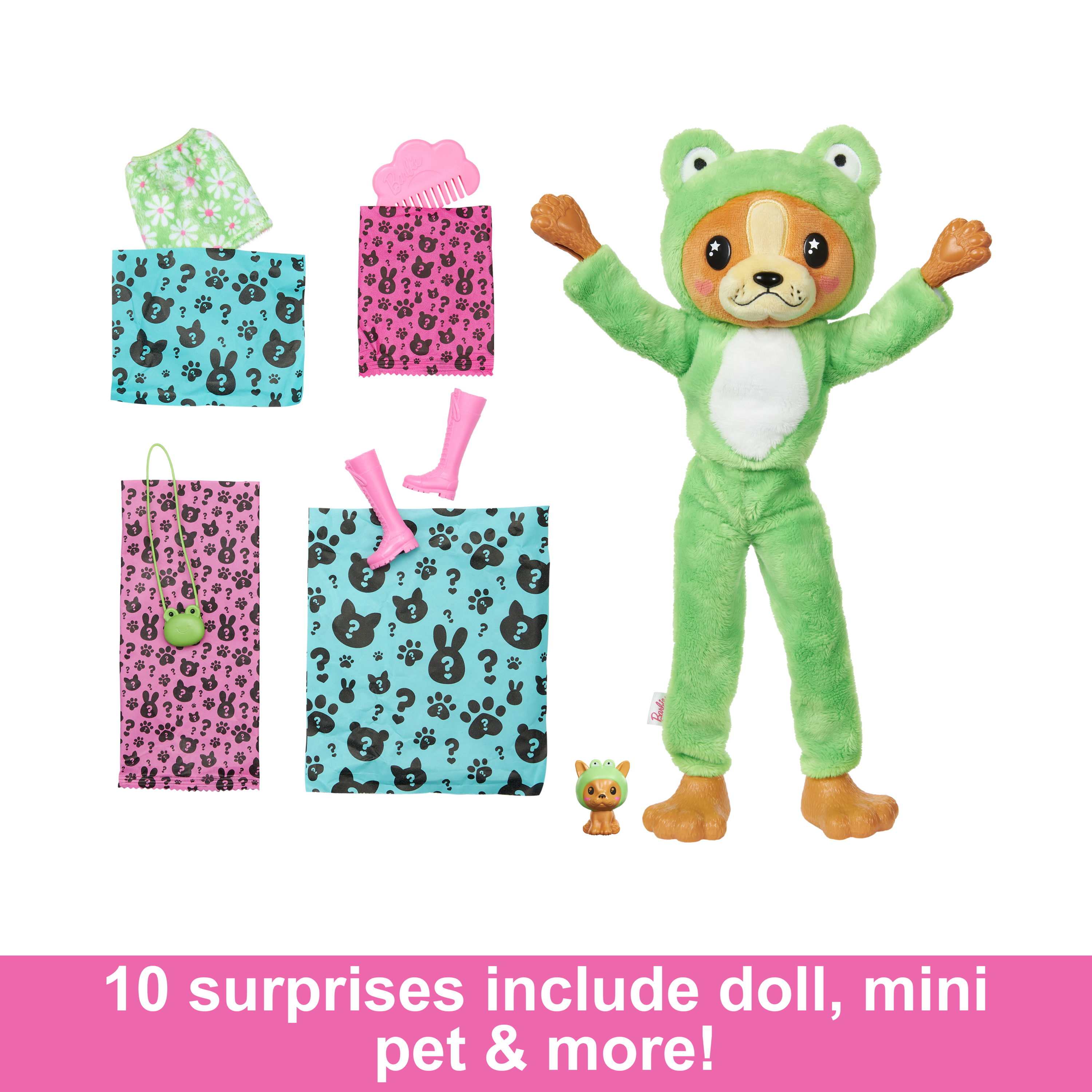 Eine Frosch-verkleidete Puppe mit Zubehör und Geschenkbeuteln mit Fragezeichen.