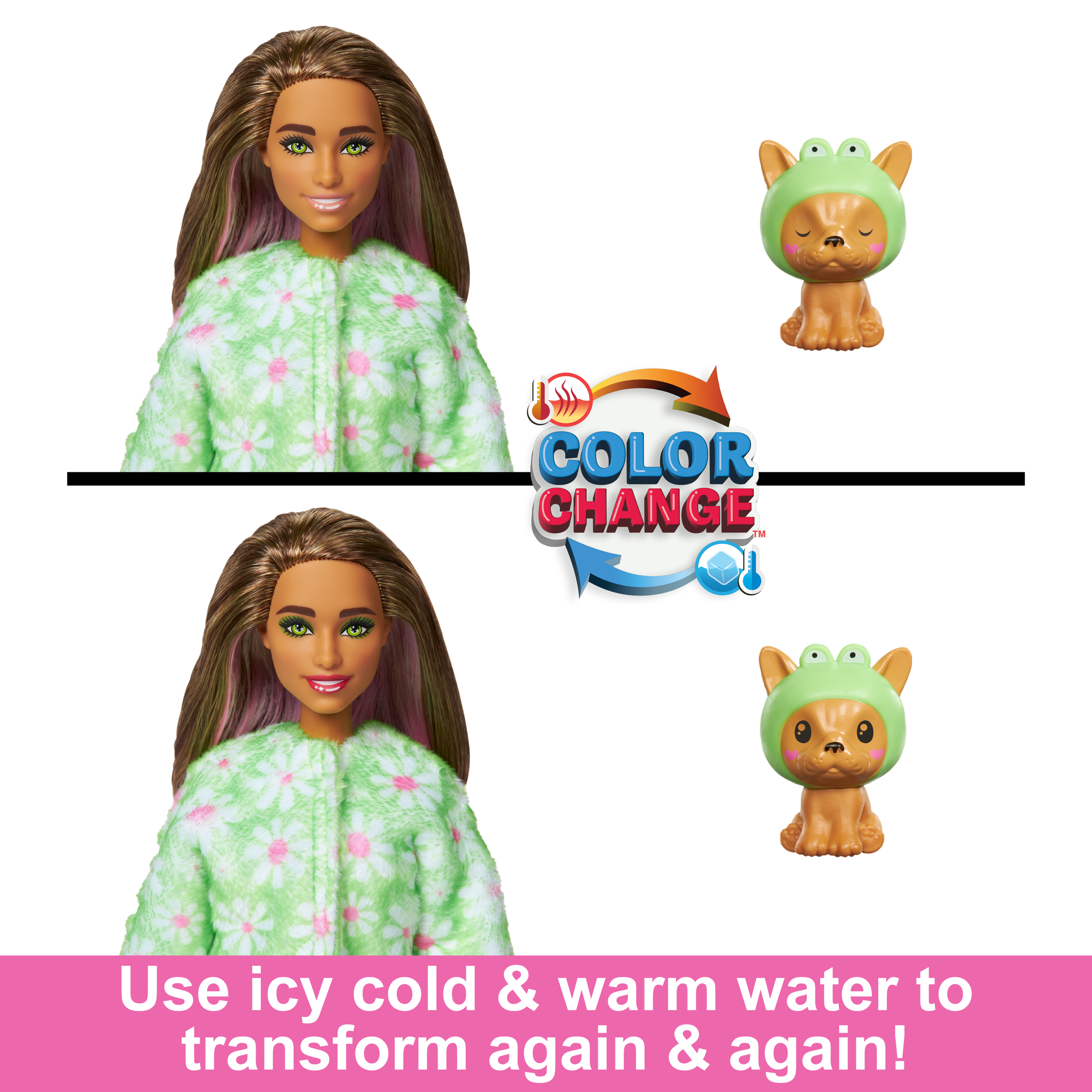Eine Barbie-Puppe mit Farbwechseleffekt. Grüne Blumenpyjamas, ein Hundespielzeug mit Froschhütchen.