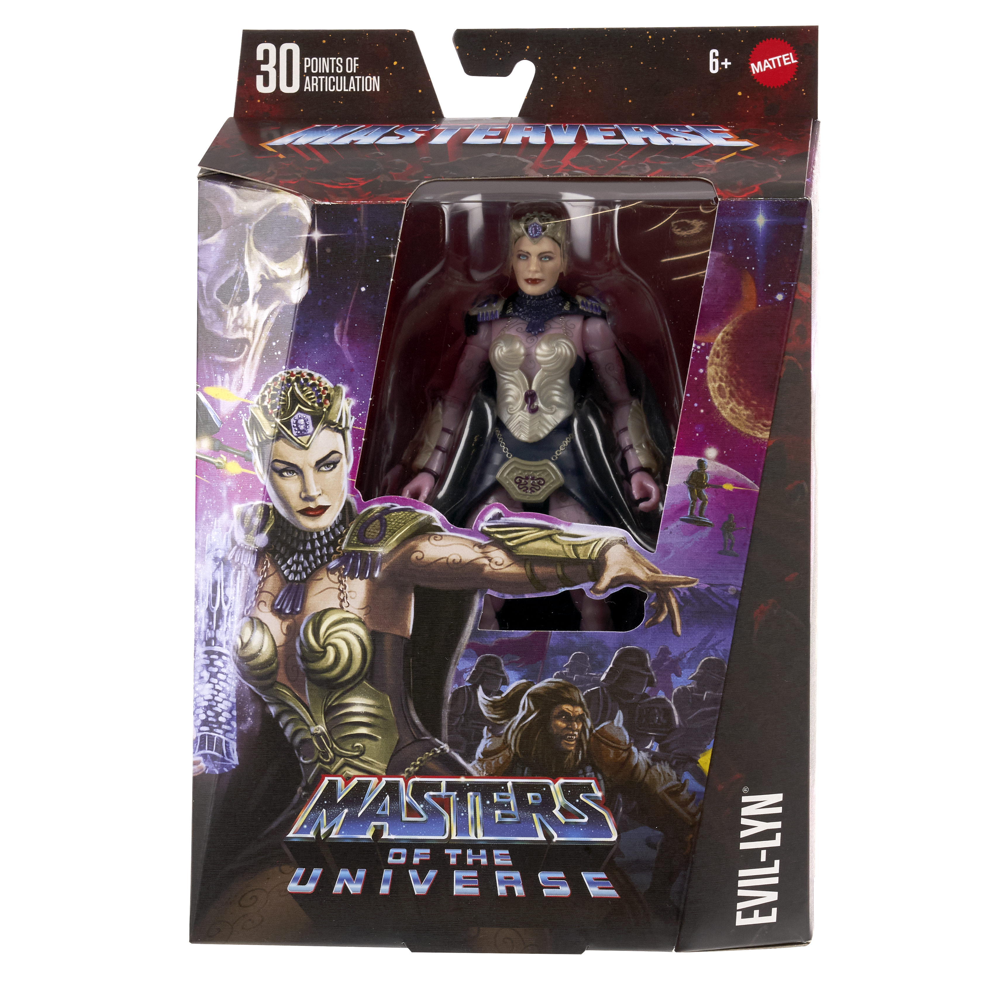 Eine Spielzeug-Actionfigur-Box mit einer weiblichen Figur aus Masters of the Universe. Die Box hat Bilder und Text.