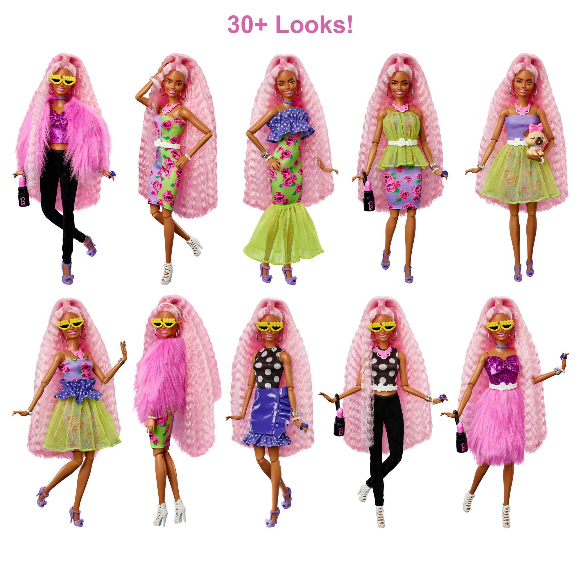 Nove bambole alla moda con vari outfit e acconciature, tutte con capelli rosa e occhiali da sole gialli.