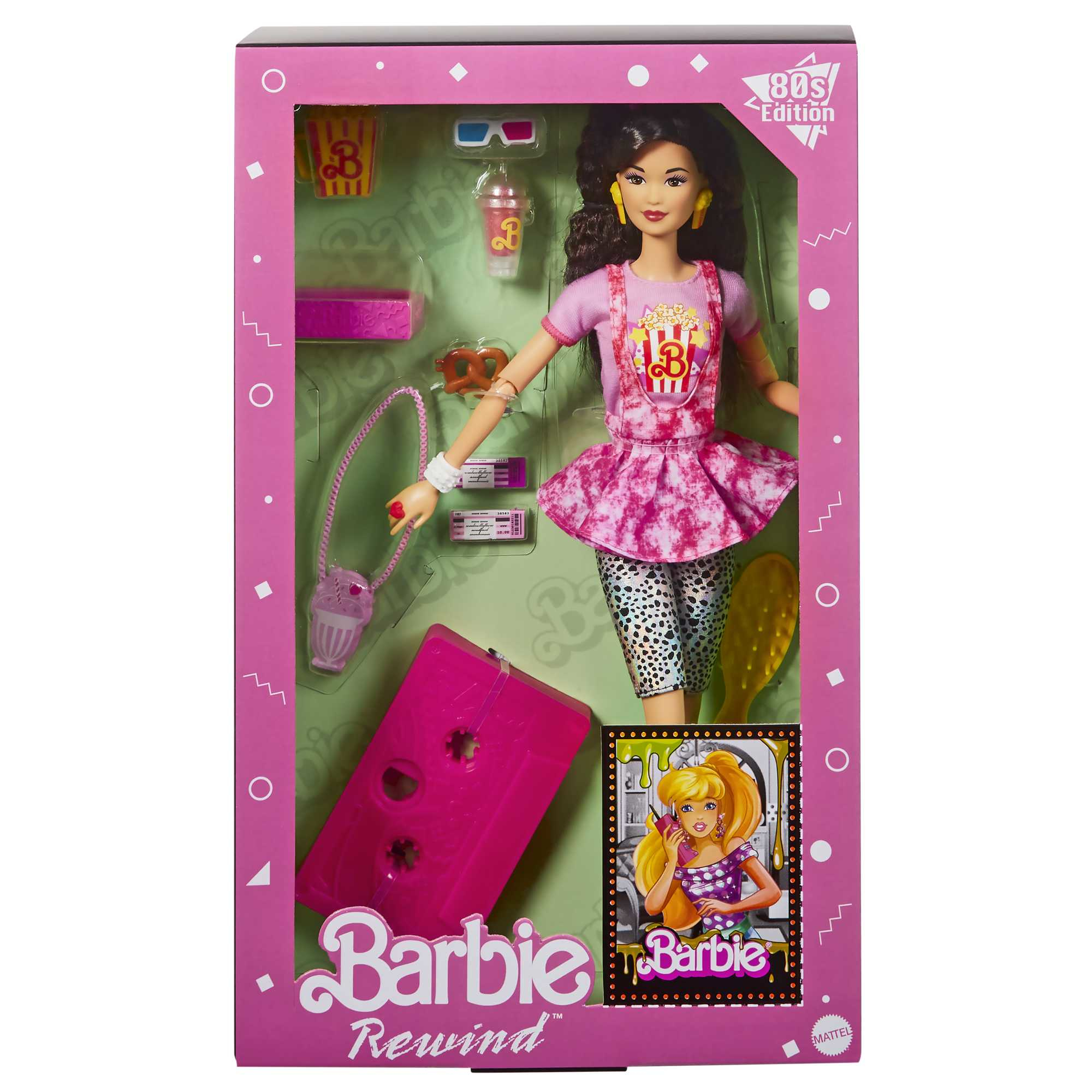 Lalka Barbie w stroju z lat 80., w pudełku z akcesoriami, w tym kasetą.