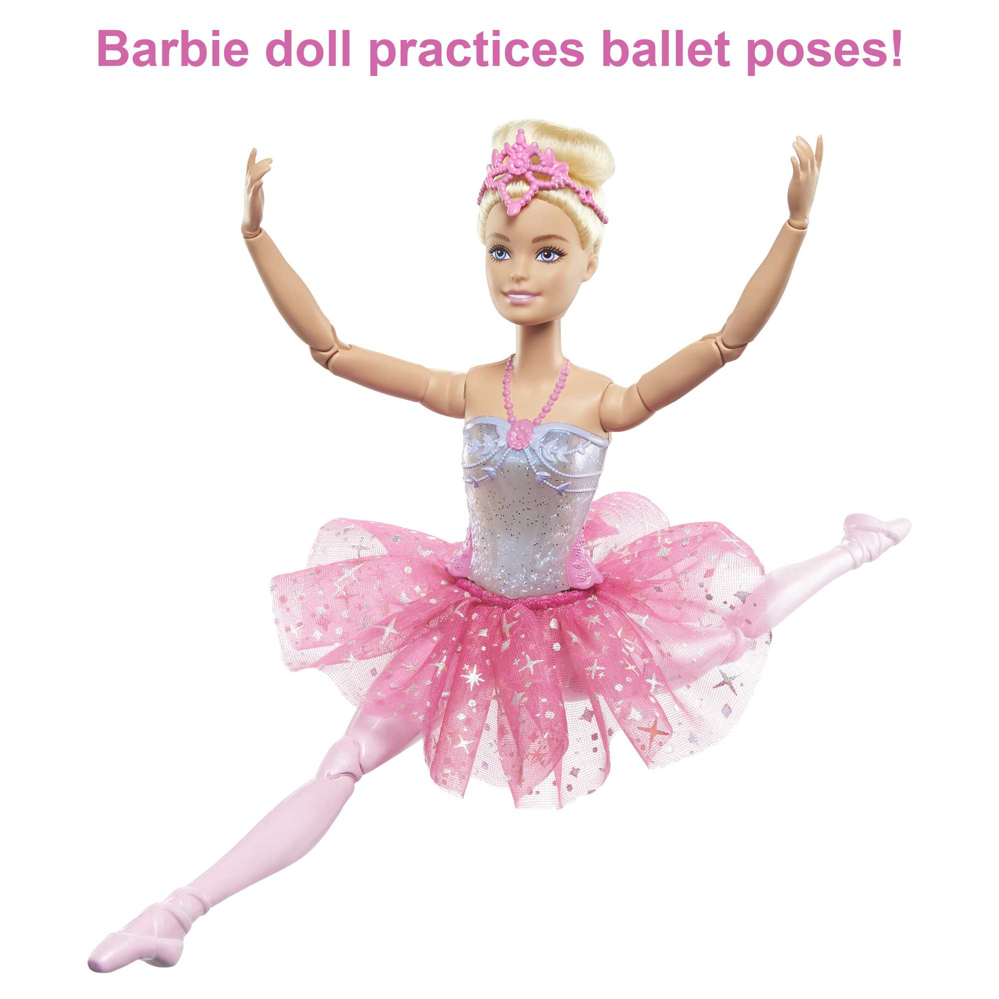 Barbie-Puppe, die Balletttänze macht, trägt einen rosa Tutu und eine Krone.