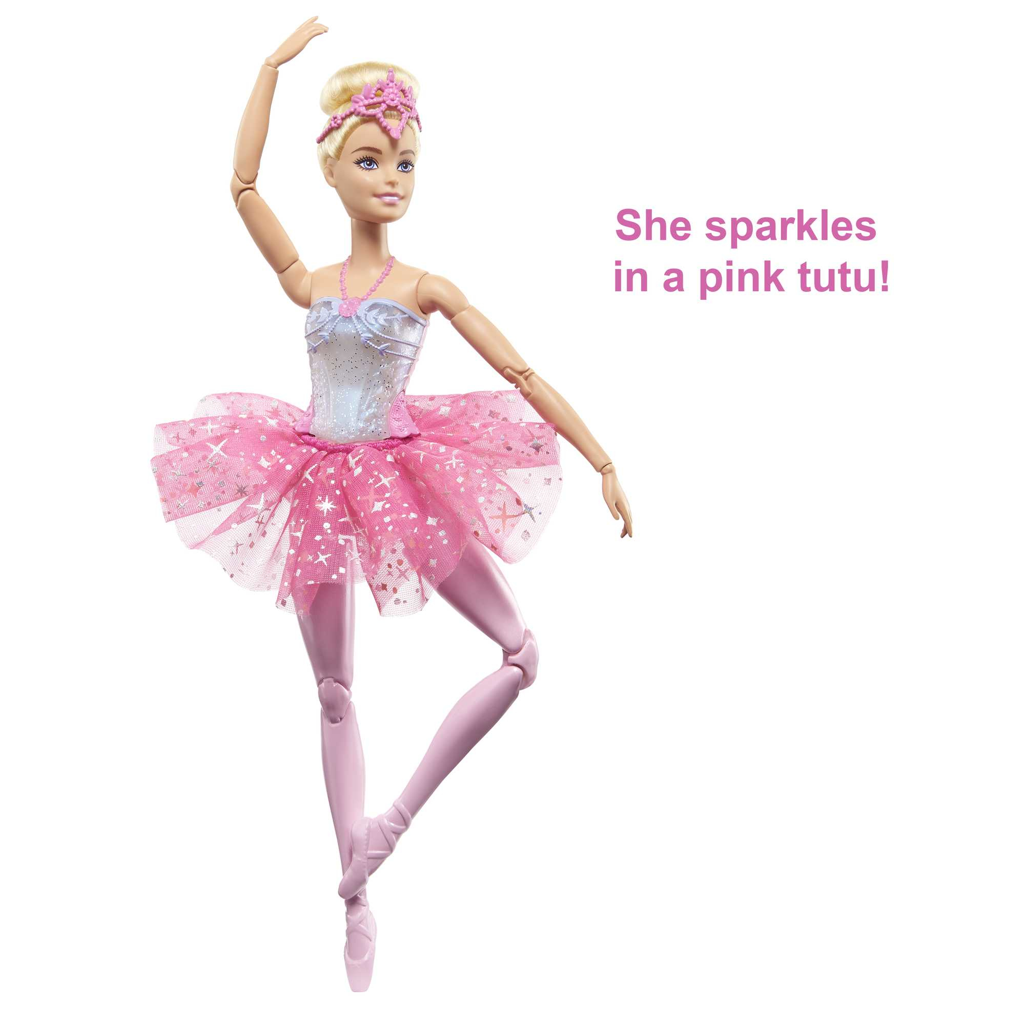 Barbie-Puppe in einem rosa Tutu, die eine Ballettpose einnimmt.