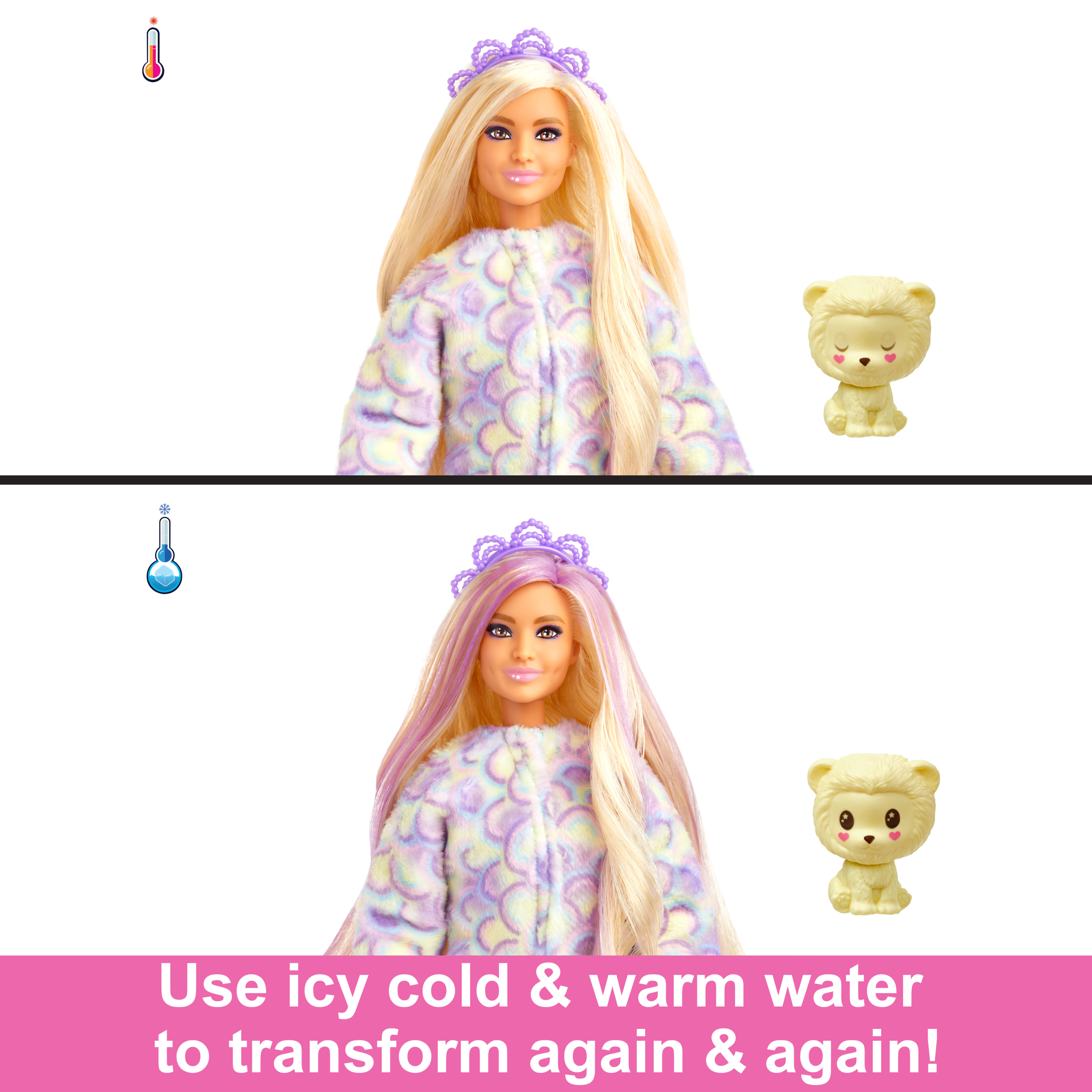 Dwie lalki Barbie. Jedna z fioletowymi włosami, druga z blond włosami. Białe tło.