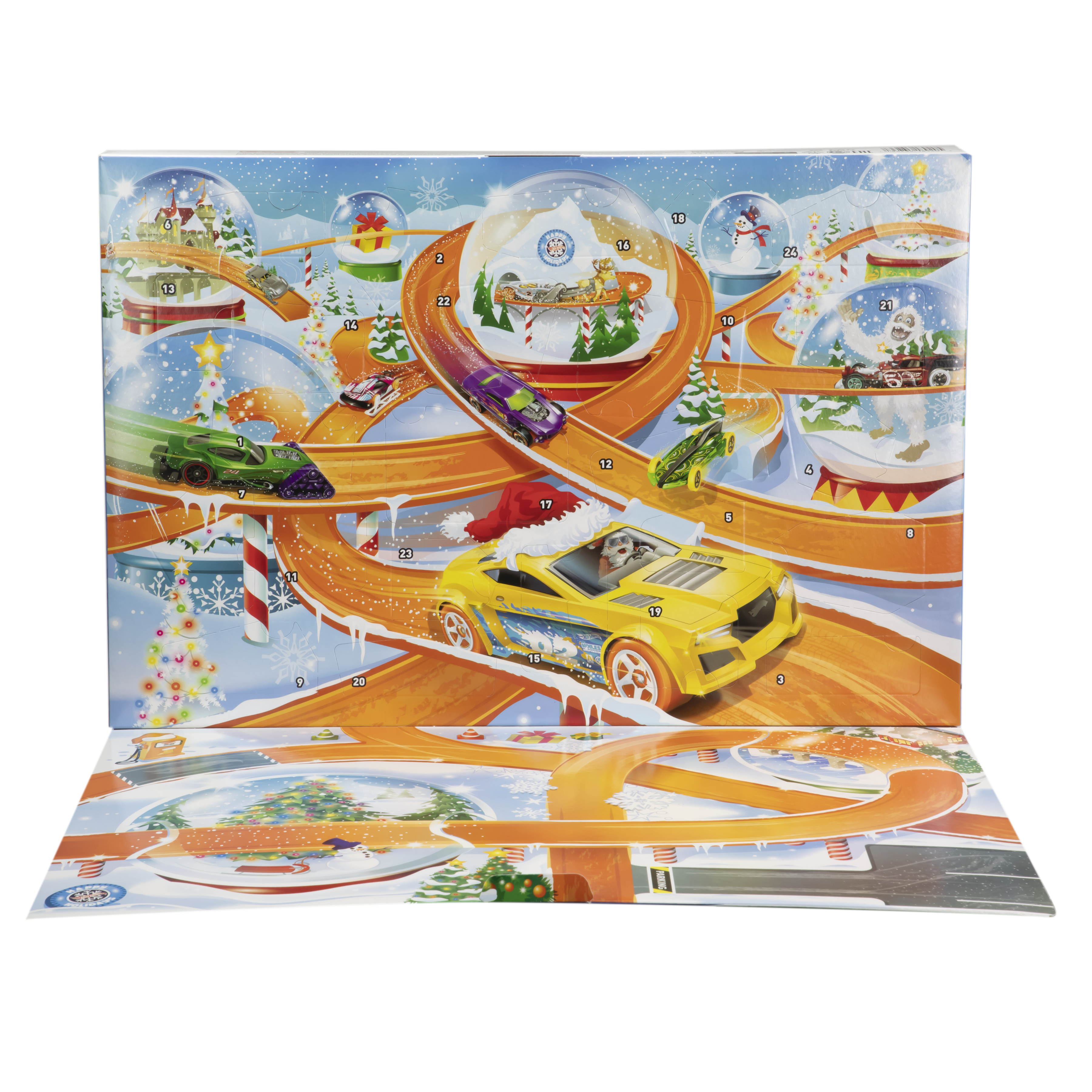 Un calendario de adviento de Hot Wheels con temática navideña. Presenta una pista con coches, bolas de nieve y un coche amarillo.