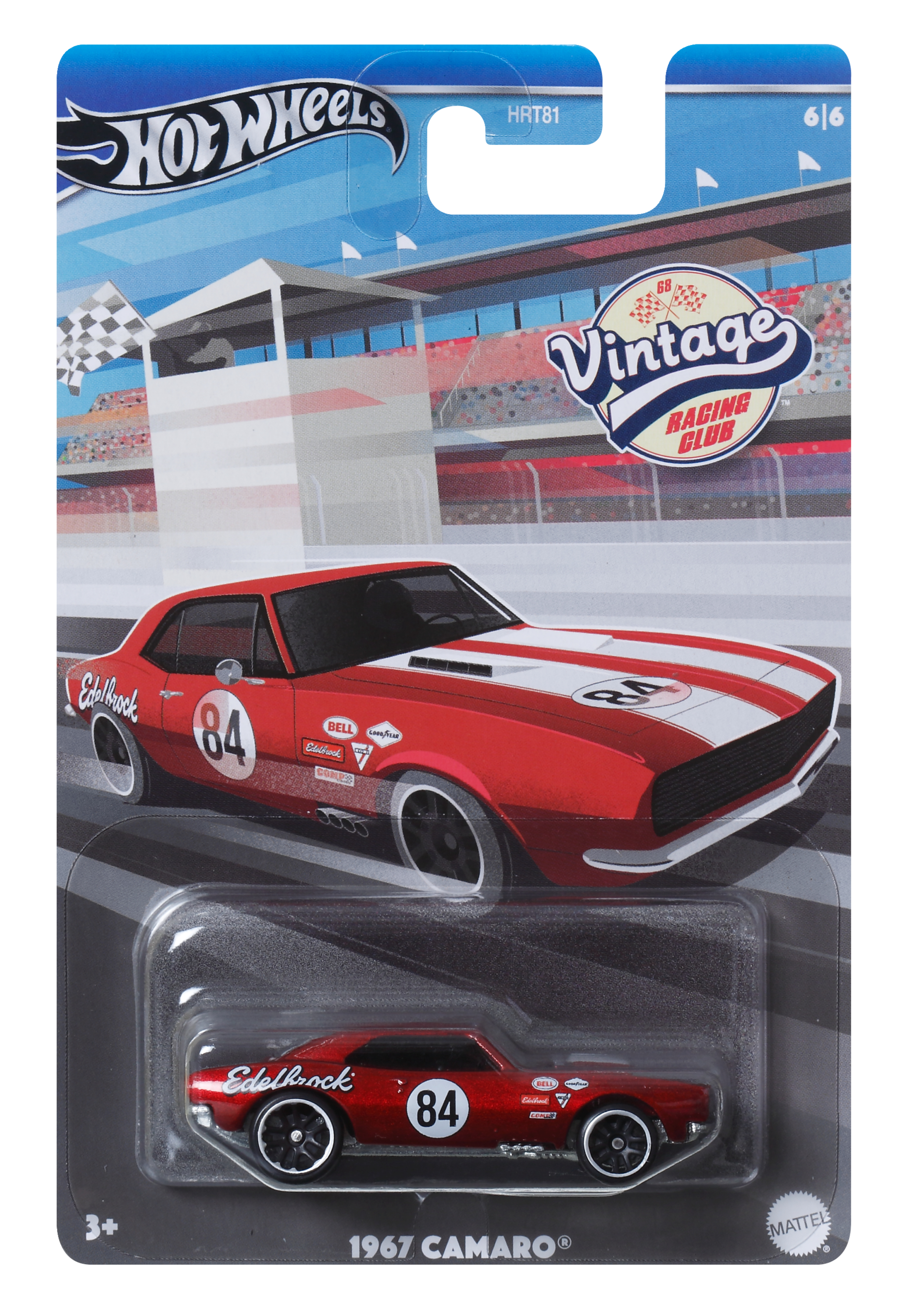Hot Wheels Camaro rojo de 1967 en un paquete. Ruedas negras, franja blanca y '84'.