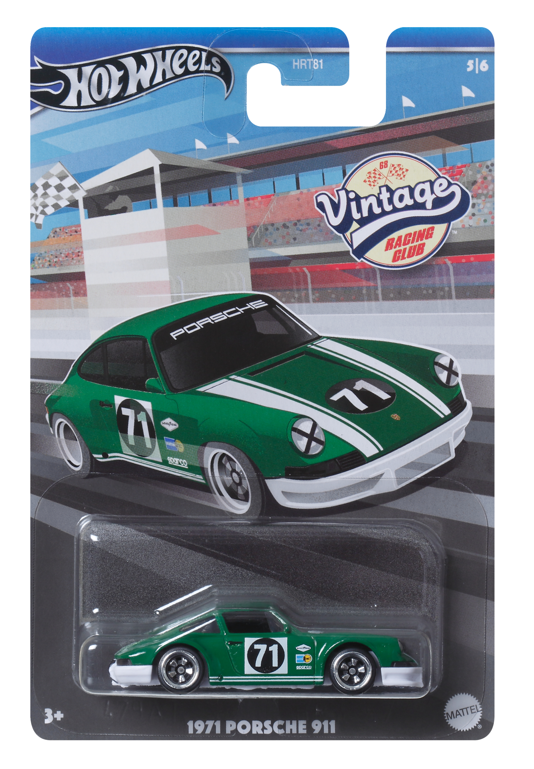 Coche de juguete Hot Wheels. Porsche verde con rayas de carreras sobre un fondo de pista de carreras.