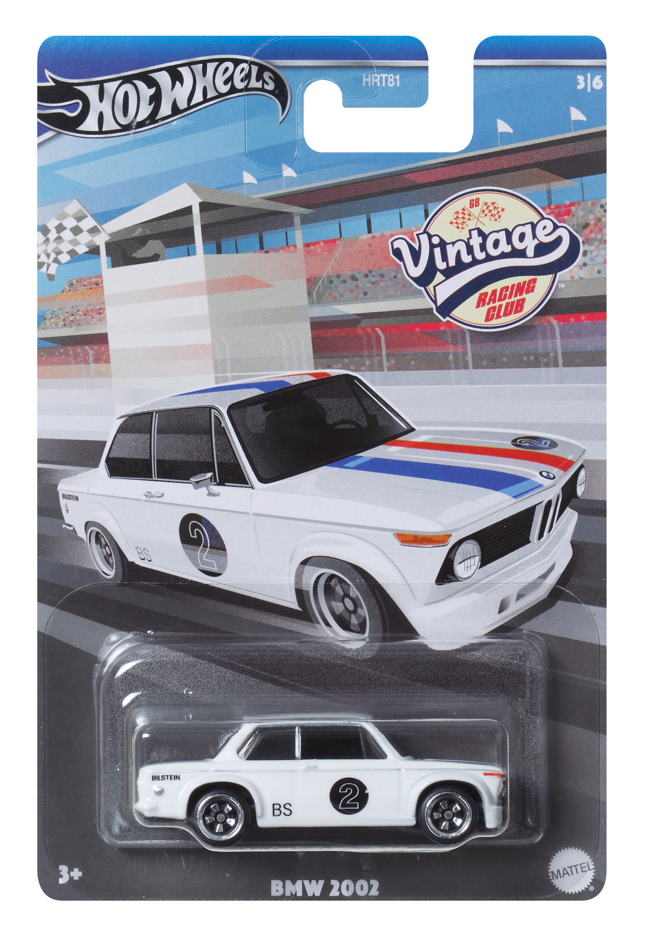 Un coche Hot Wheels en un paquete, un BMW 2002 blanco, con rayas de carreras y el número 2 en el lateral.