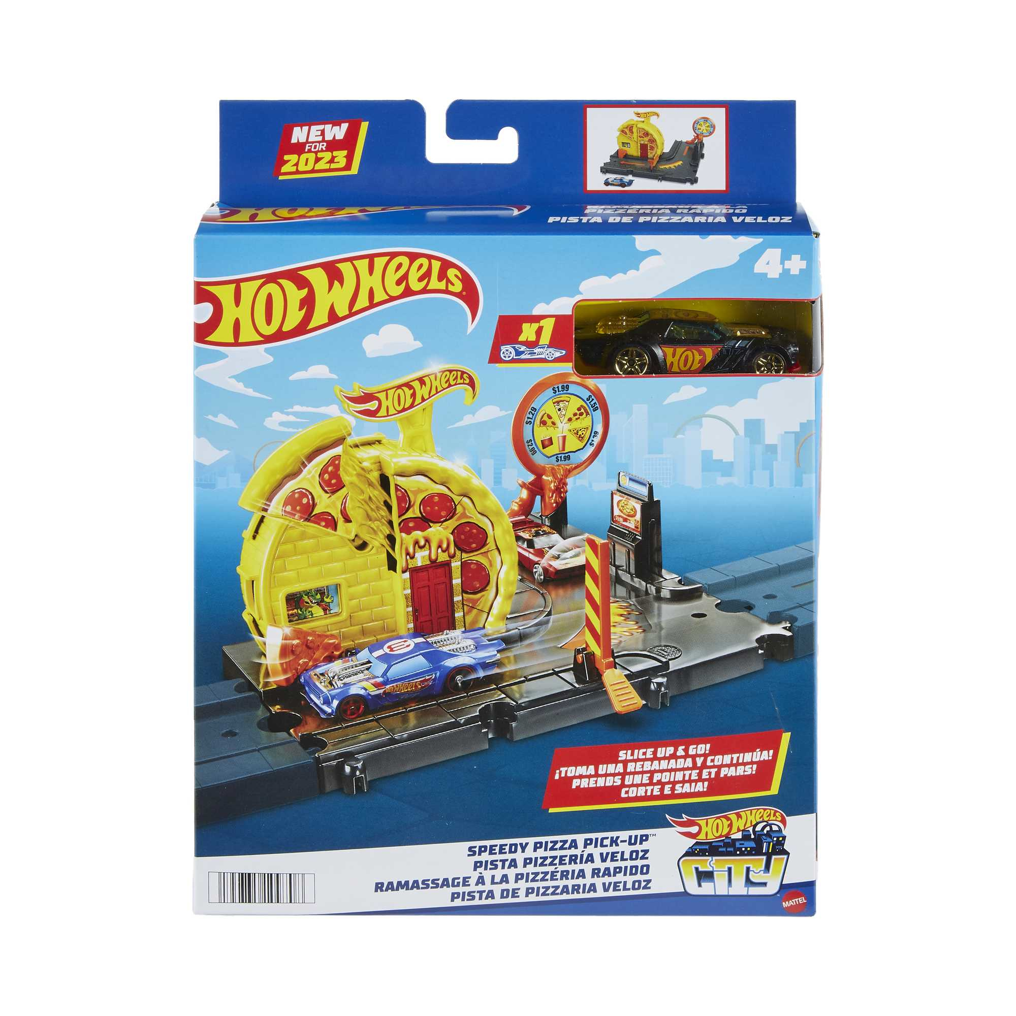 Set pista a tema pizza Hot Wheels con un'auto e un edificio a forma di pizza su sfondo bianco.