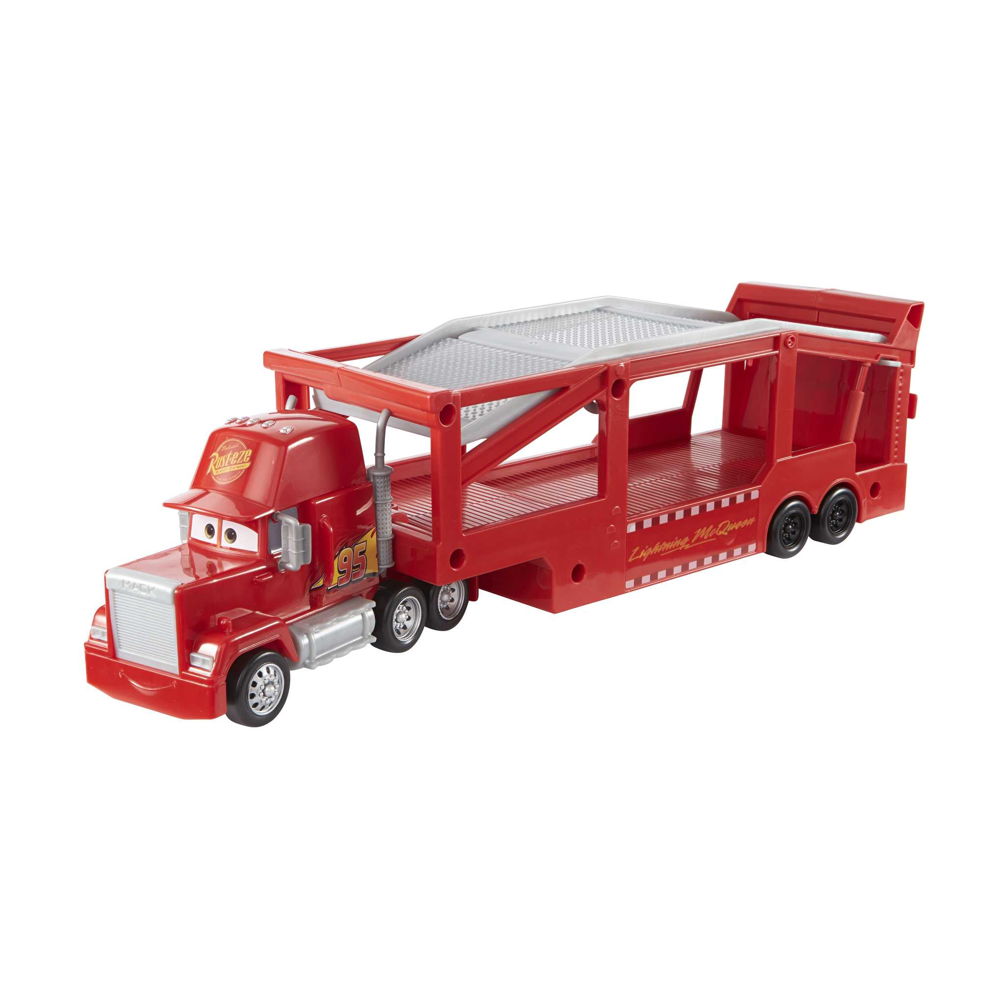 Ein rotes Mack-Truck-Spielzeug aus Cars. Es hat einen Anhänger zum Transportieren von Autos.
