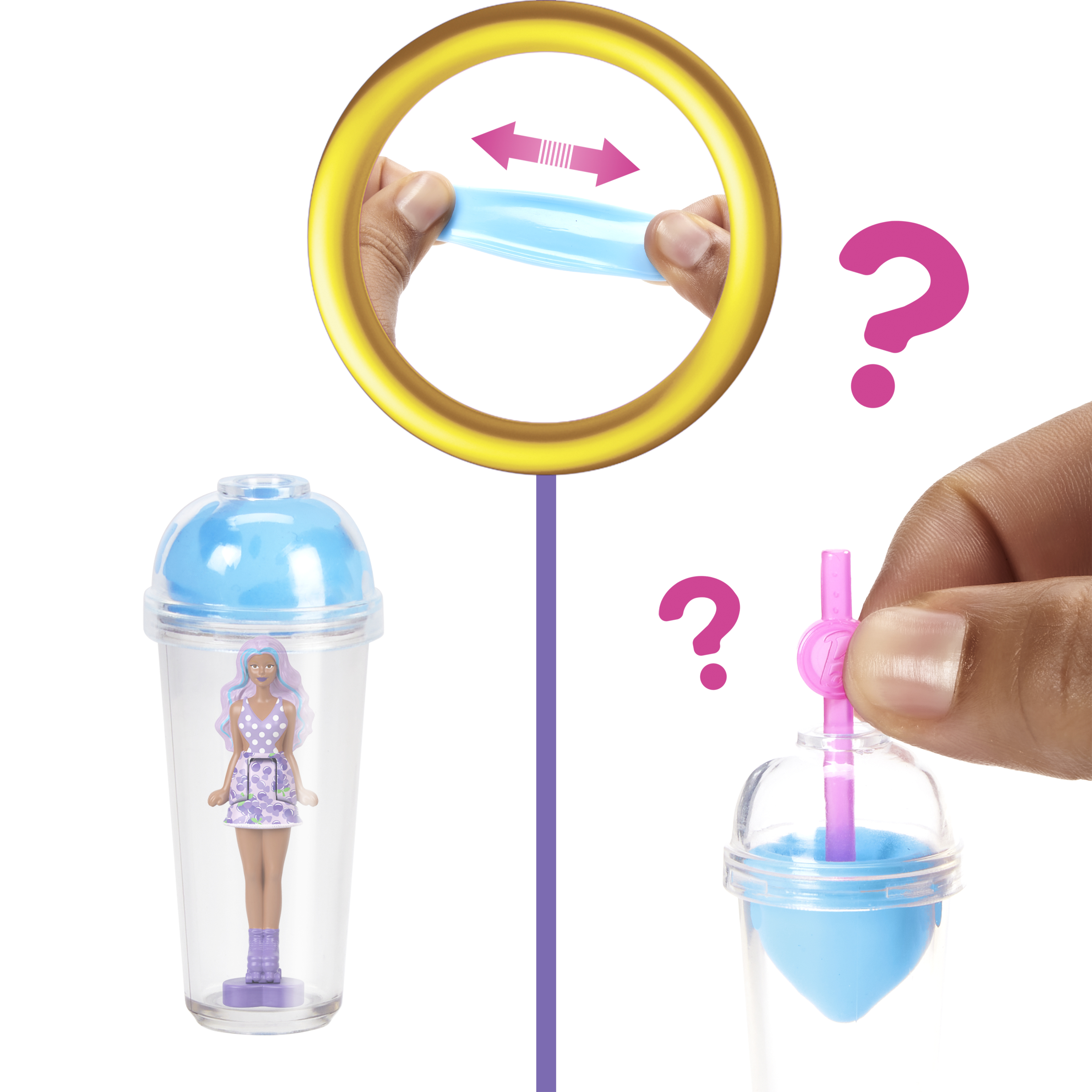 Un set di giocattoli per bambole con una bambola, una tazza e una cannuccia rosa con punti interrogativi su entrambi i lati.