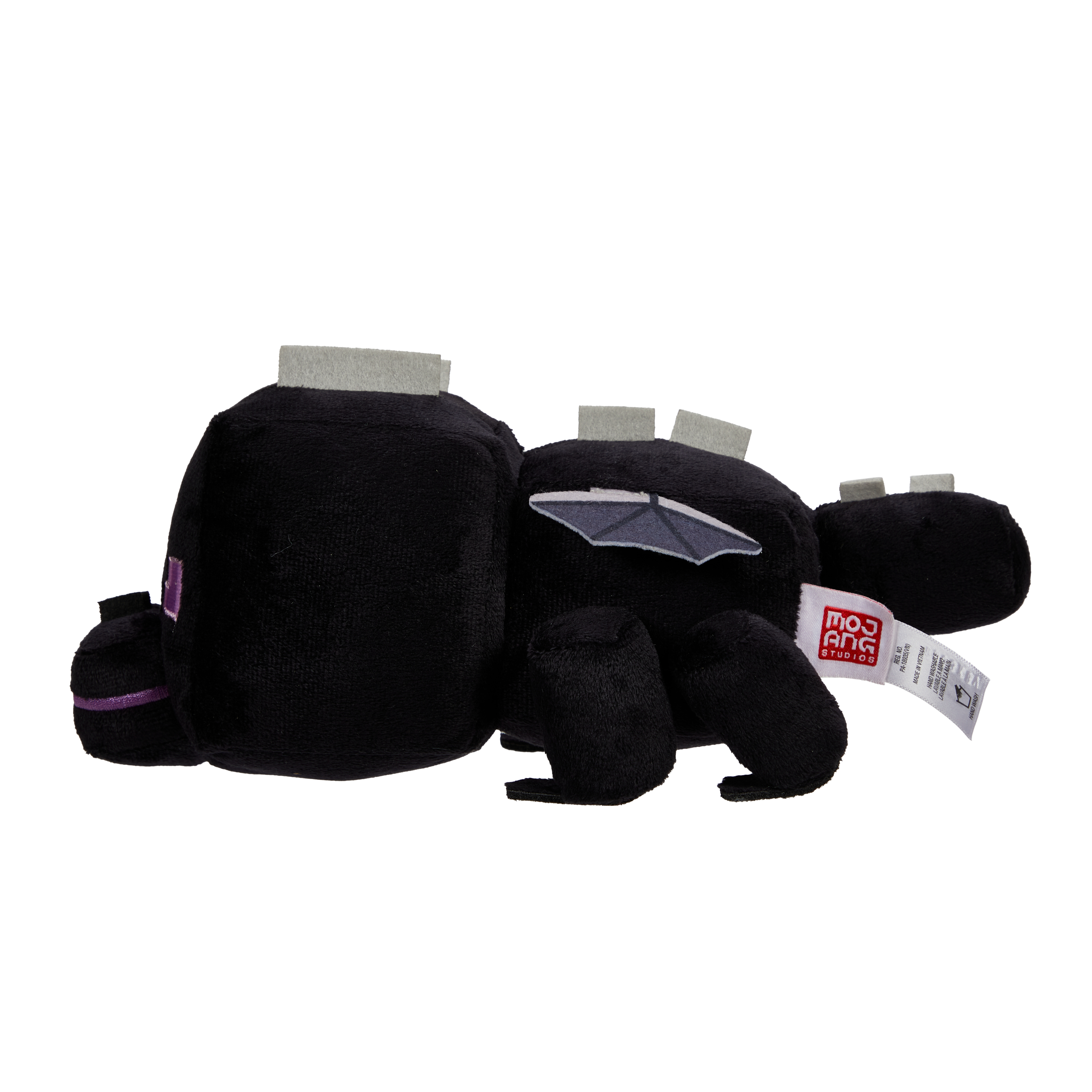 Peluche de dragón Ender de Minecraft negro, acostado de lado, con etiqueta.