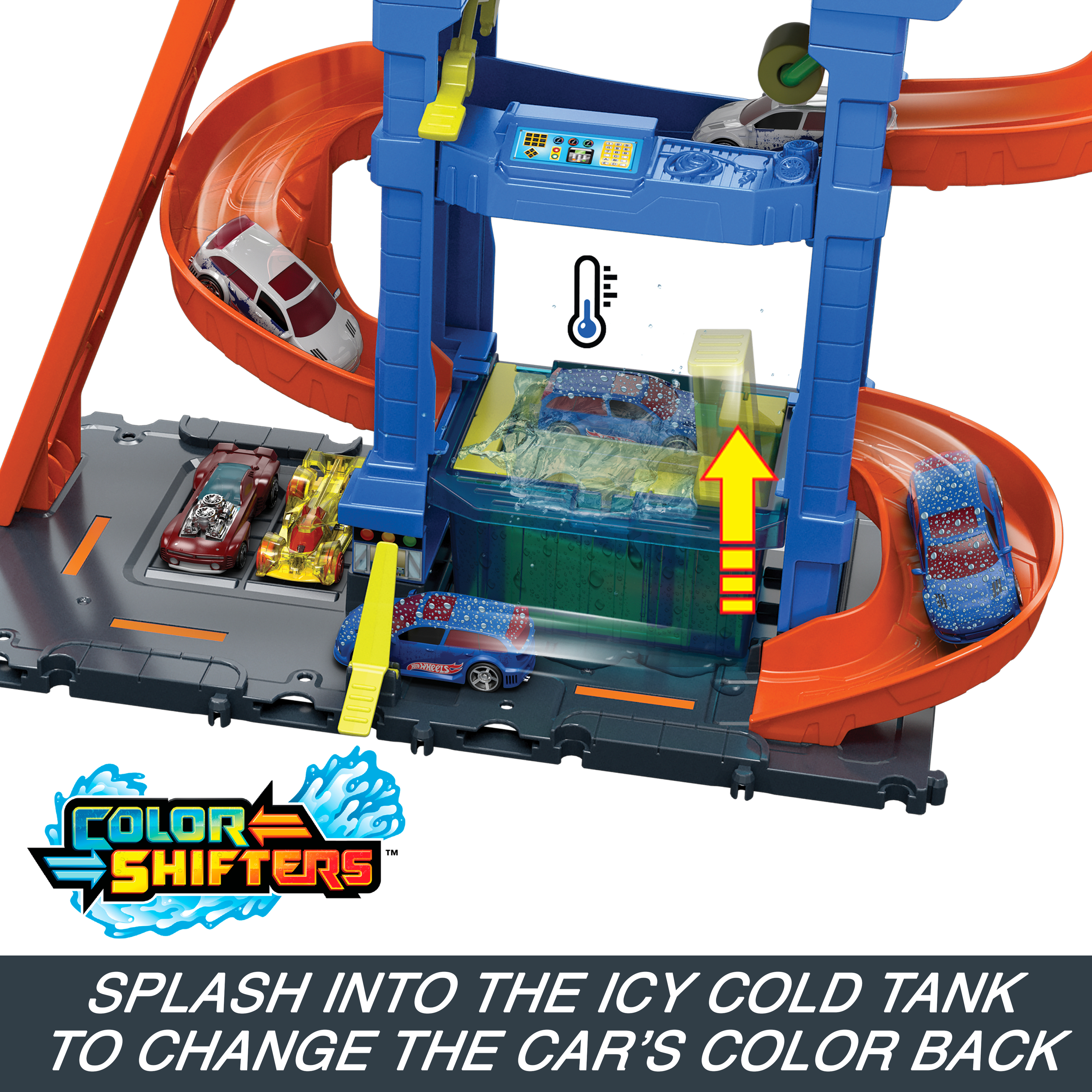 Playset Hot Wheels Color Shifters con auto, pista arancione e autolavaggio.