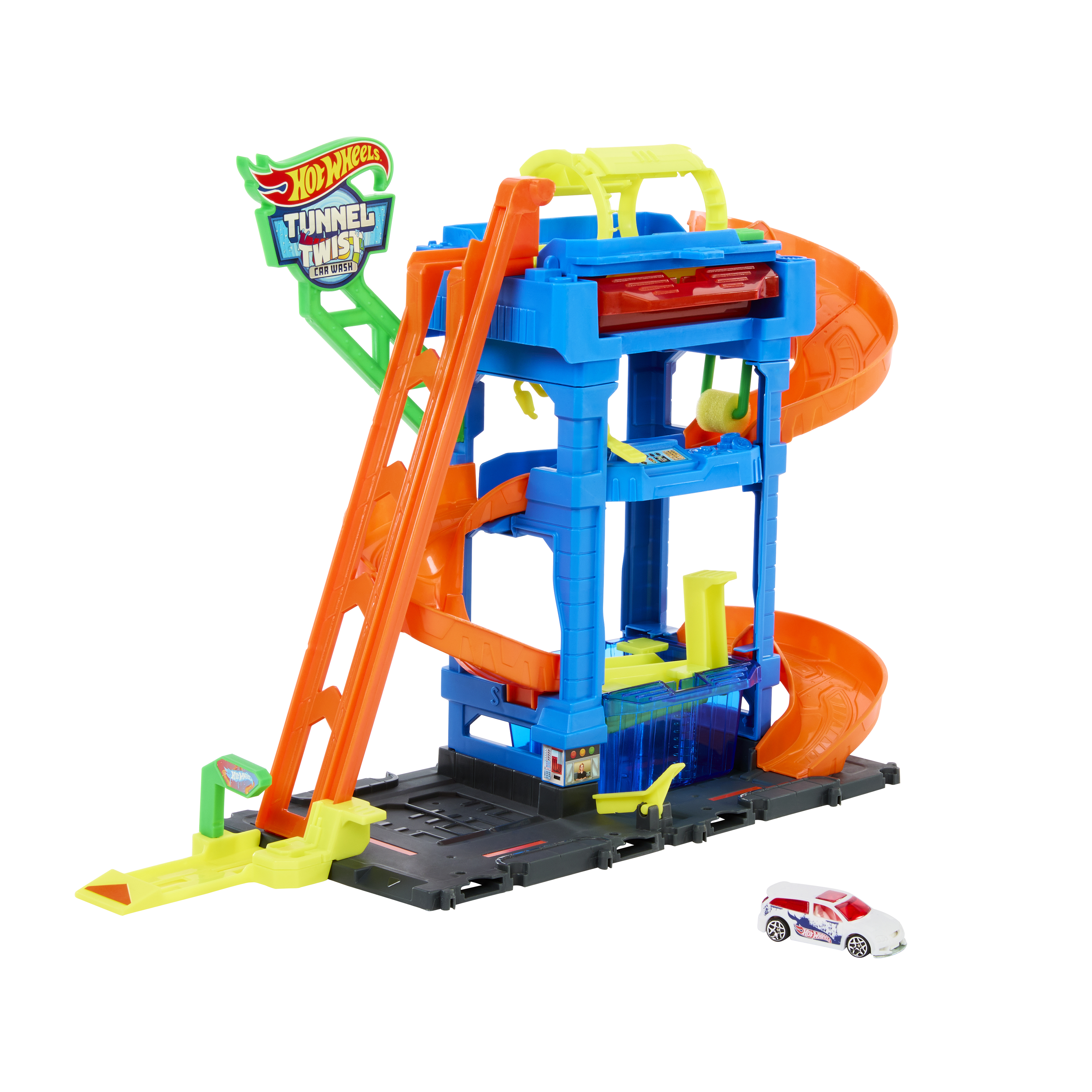 Playset autolavaggio Hot Wheels con un'auto, rampe arancioni, struttura blu e un cartello verde.
