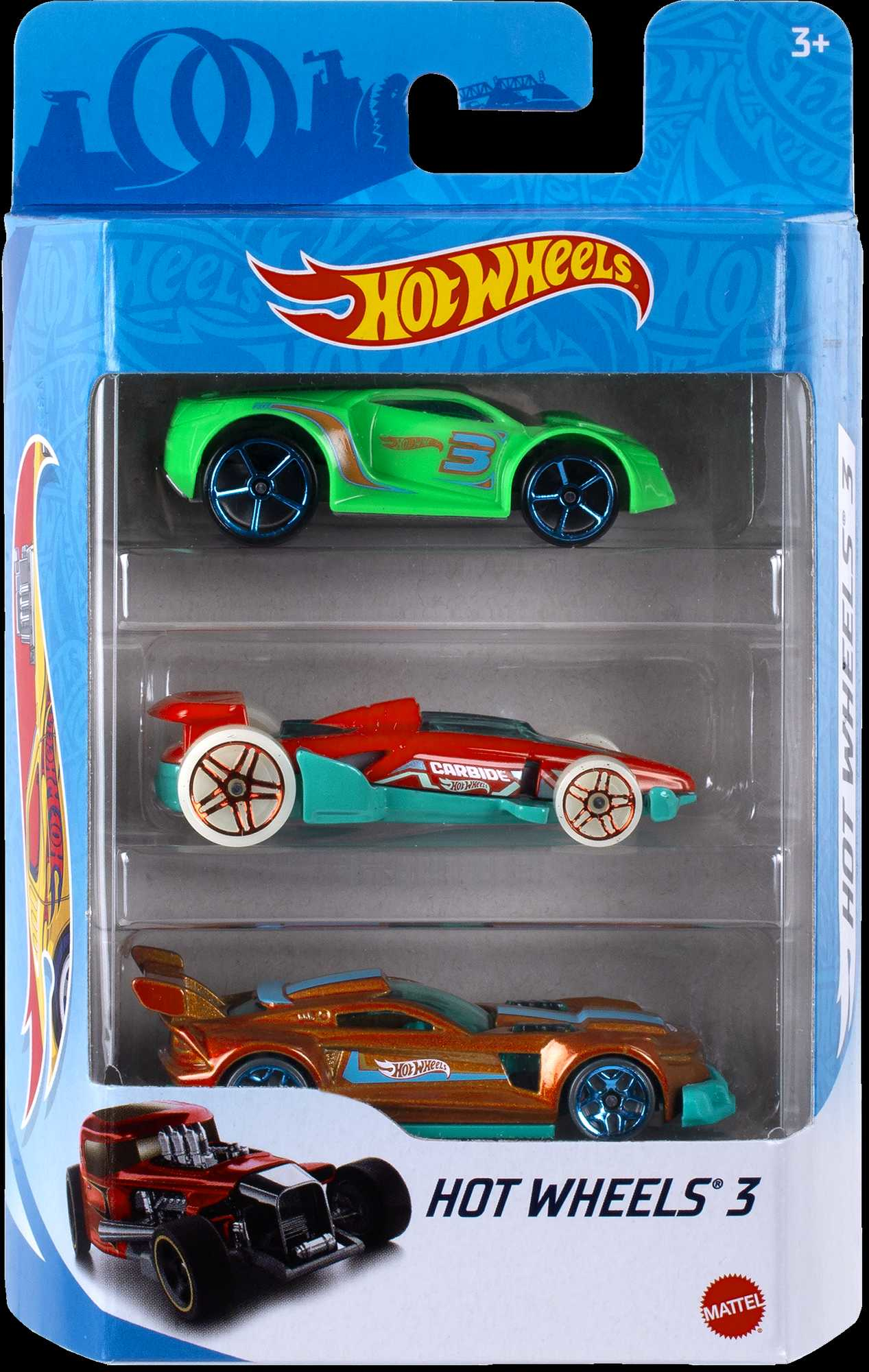 Paquete de 3 coches de juguete Hot Wheels. Tres coches de diferentes colores en un paquete azul y blanco.