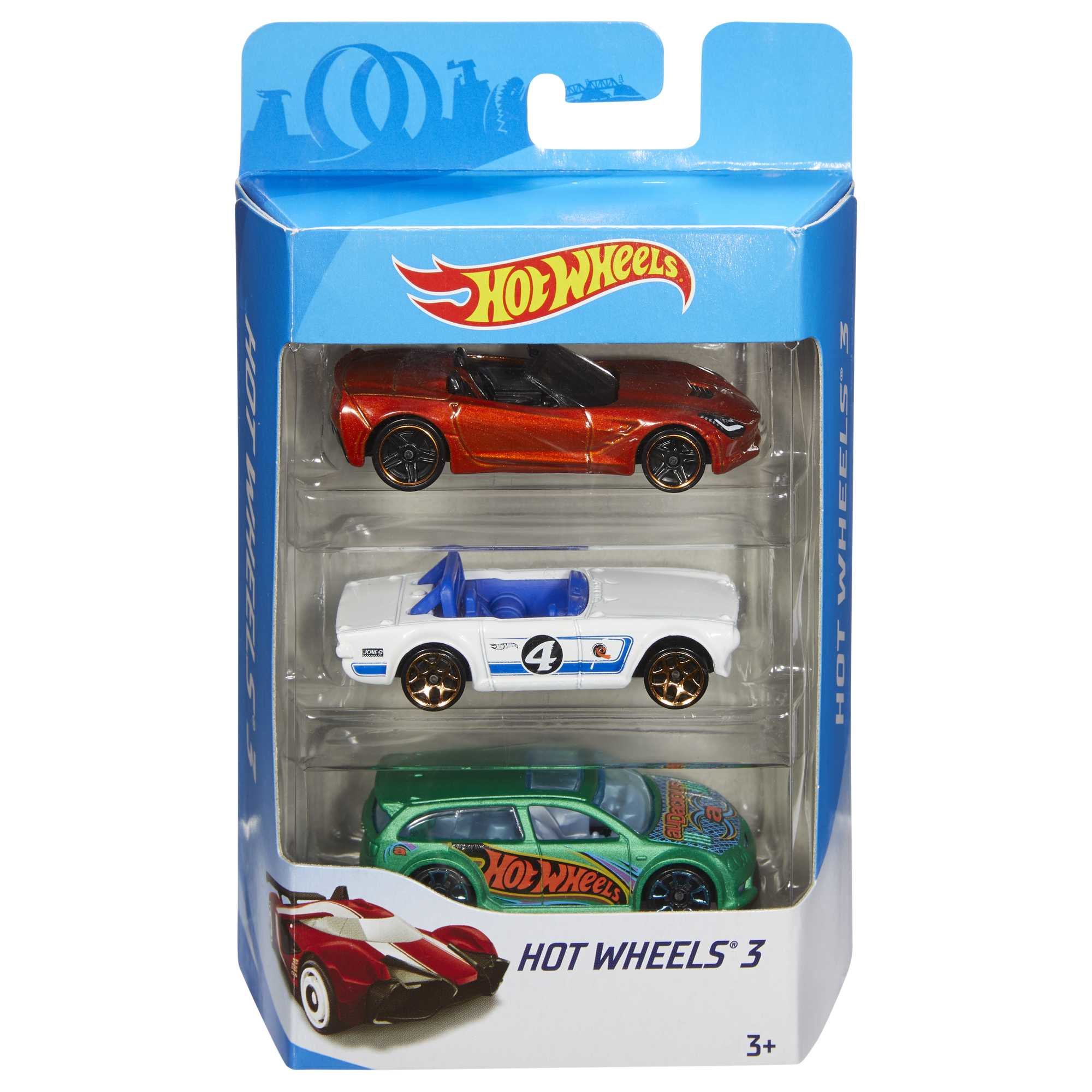 Paquete de 3 coches de juguete Hot Wheels. Incluye vehículos rojo, blanco y verde.
