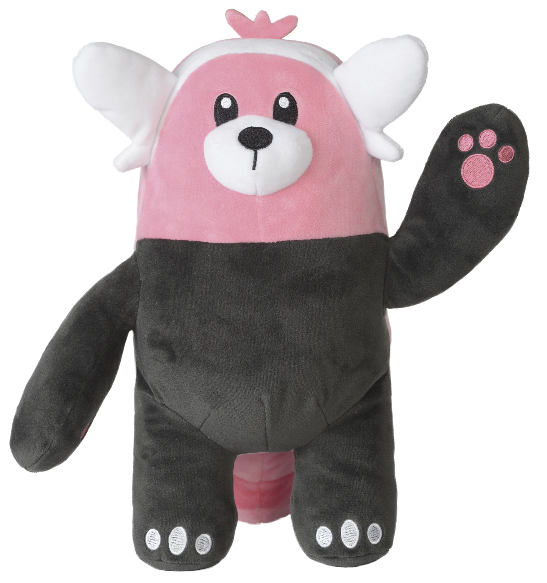 Rosa und grauer Plüschbär, schwarze Pfoten, weißer Hintergrund, Arm hoch.