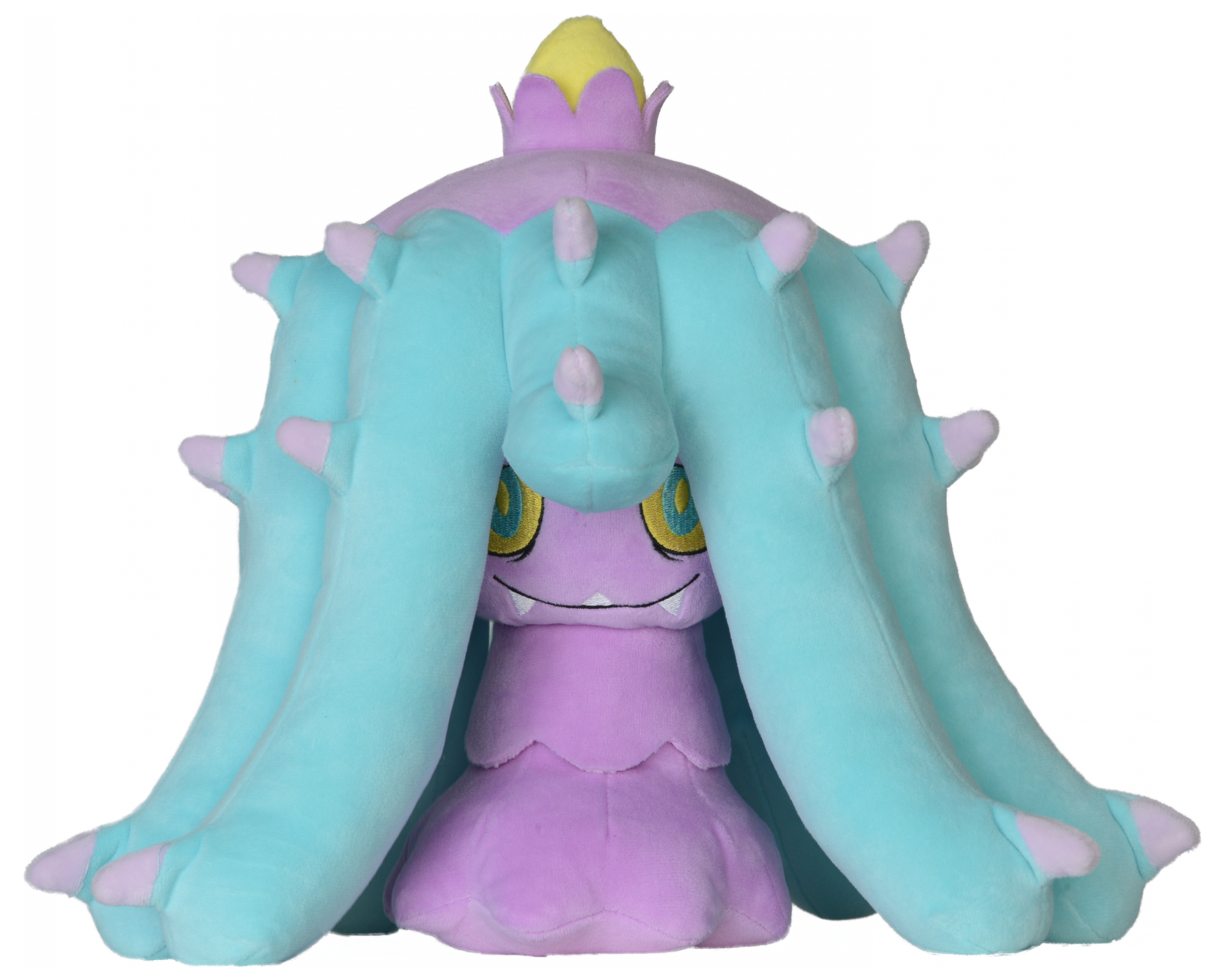 Eine große Plüschpuppe einer Pokémon-Figur mit blauen und lila Farben.