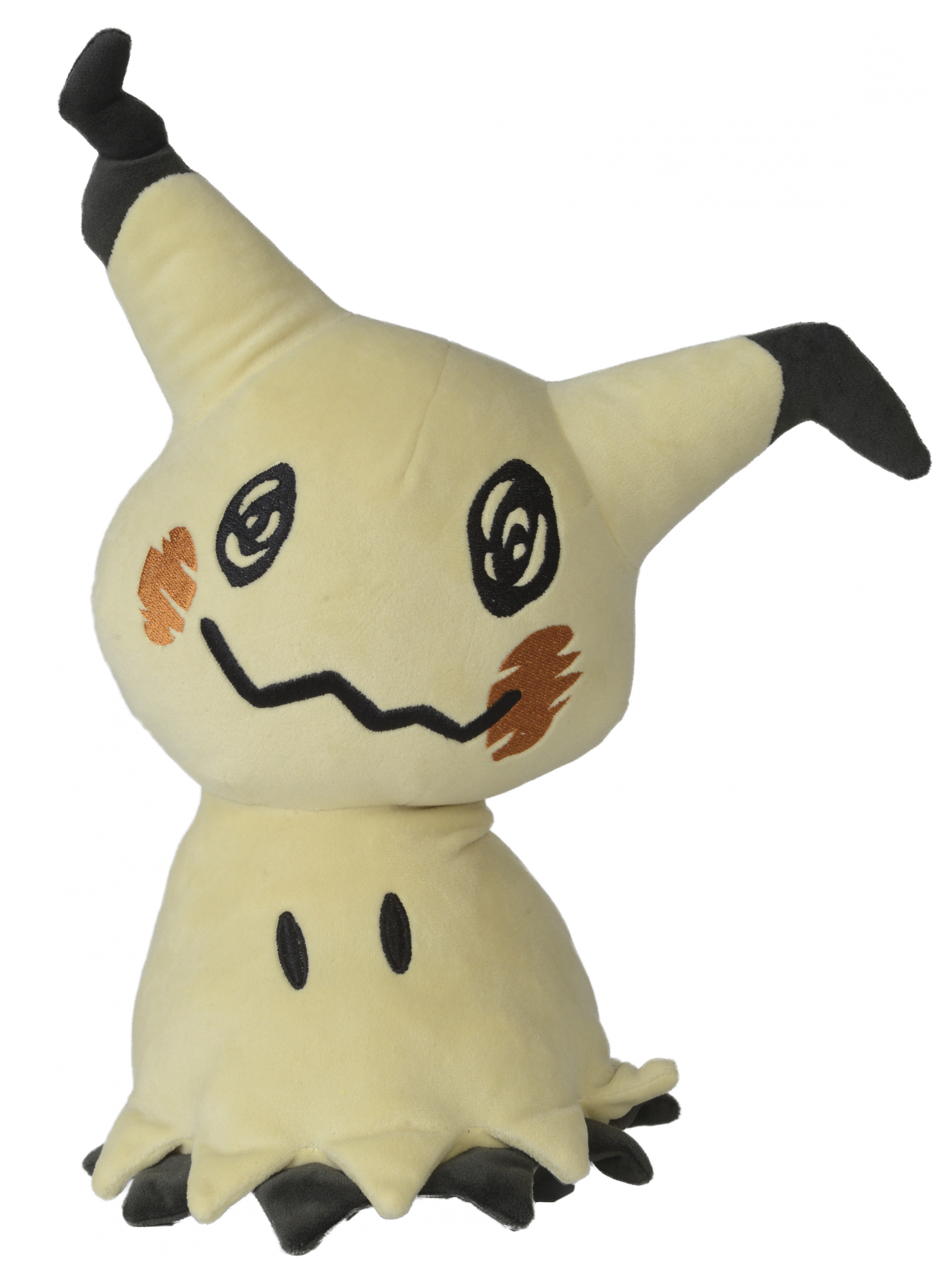 Ein Mimikyu-Plüschtier mit gelbem Körper, schwarzen Ohren und einem schwarzen, gezackten Mund mit orangen Wangen.