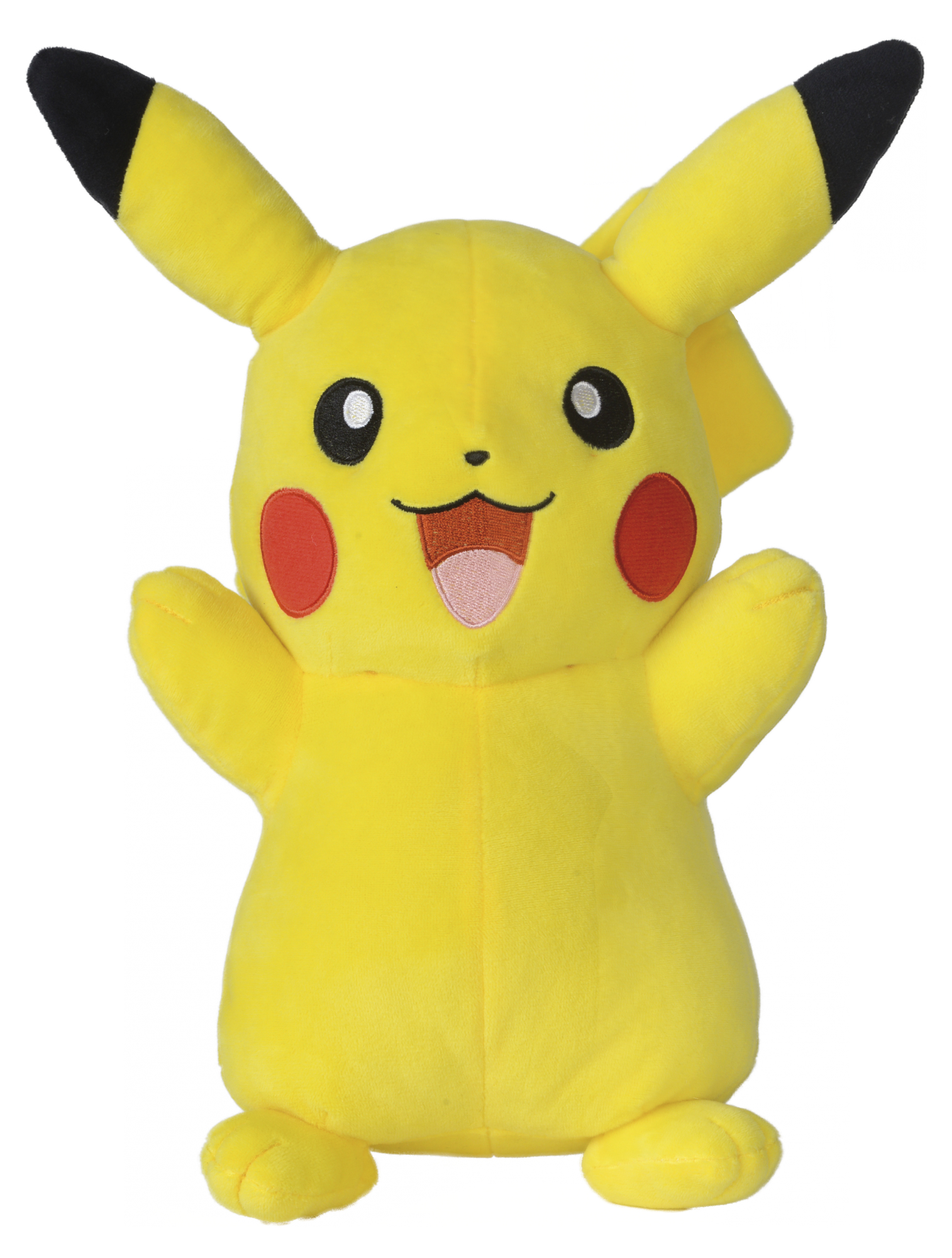 Ein gelbes Pikachu-Plüschtier mit roten Wangen, schwarzen Ohren und einem lächelnden Gesicht. Es steht aufrecht.